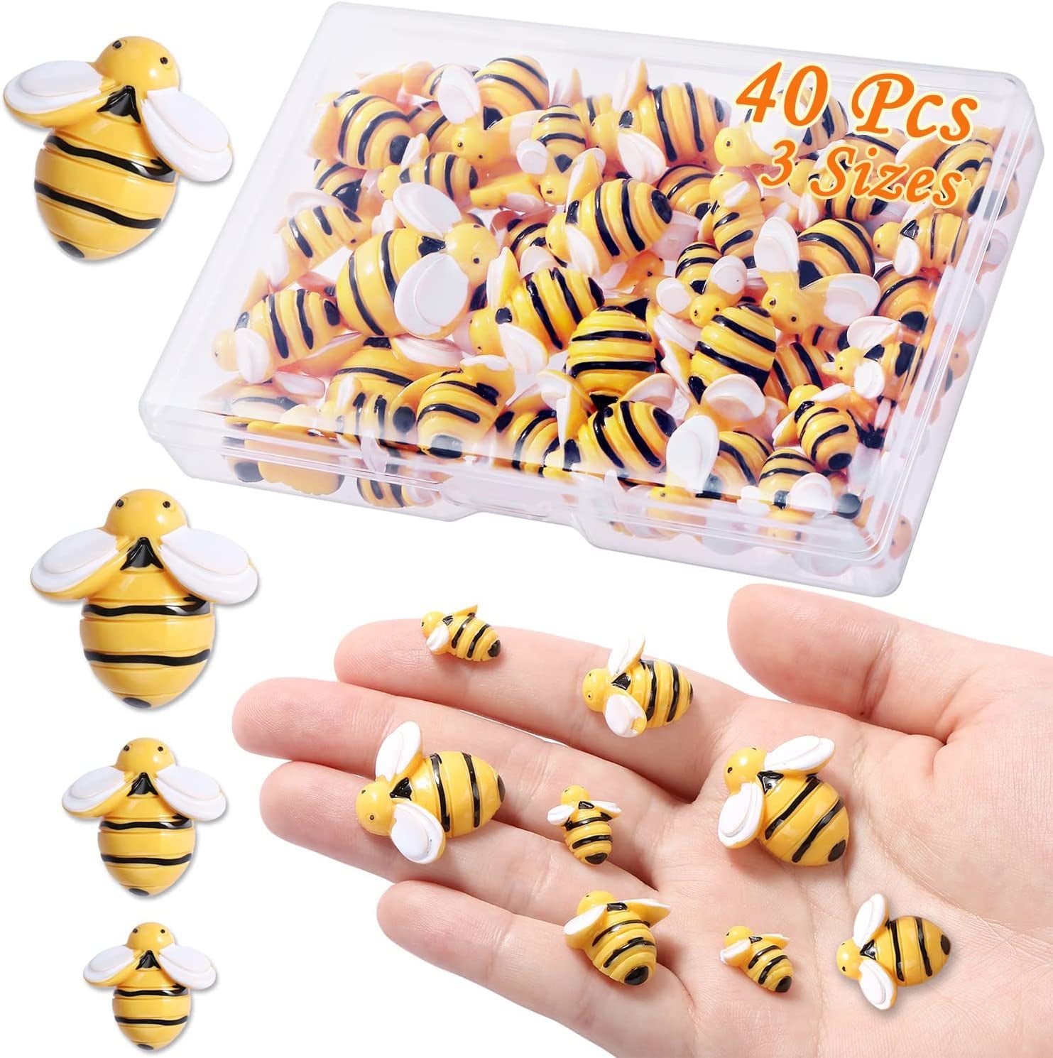 40 Pcs Tiny Resin Bees Decor Bumble Bee Embellishment Resin Bees Craft Decorations with Storage Box for DIY Craft Wreath Scrapbooking Party Home Decor, 0.98 In, 0.74 In, 0.55 In