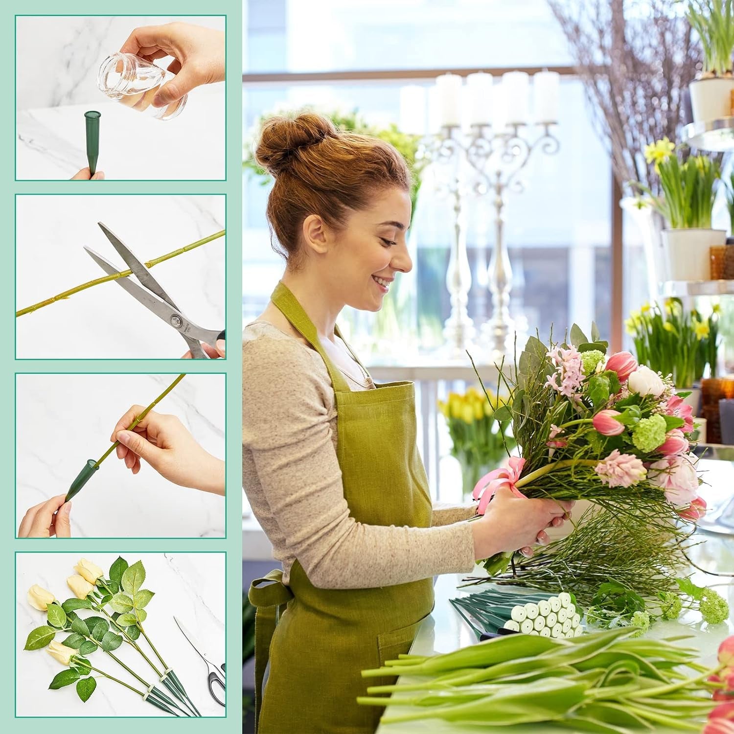 90 Pcs 6 Inch Floral Water Tubes Green Floral Tubes Plastic Flower Tubes Supplies for Fresh Flowers with Rubber Cap for Flower Stem Arrangements Florist Supplies