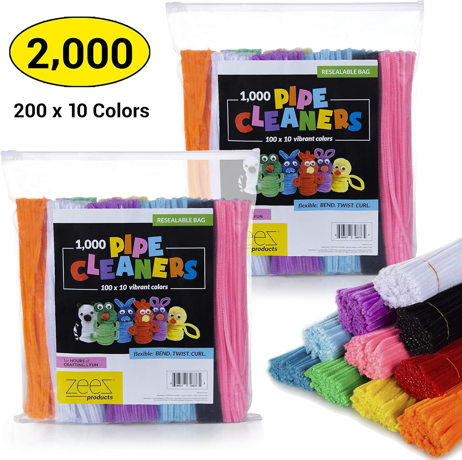 2,000 Pipe Cleaners in 10 Assorted Colors, Value Pack of Chenille Stems for DIY Arts and Craft Projects and Decorations - 6Mm X 12 Inches (2000)