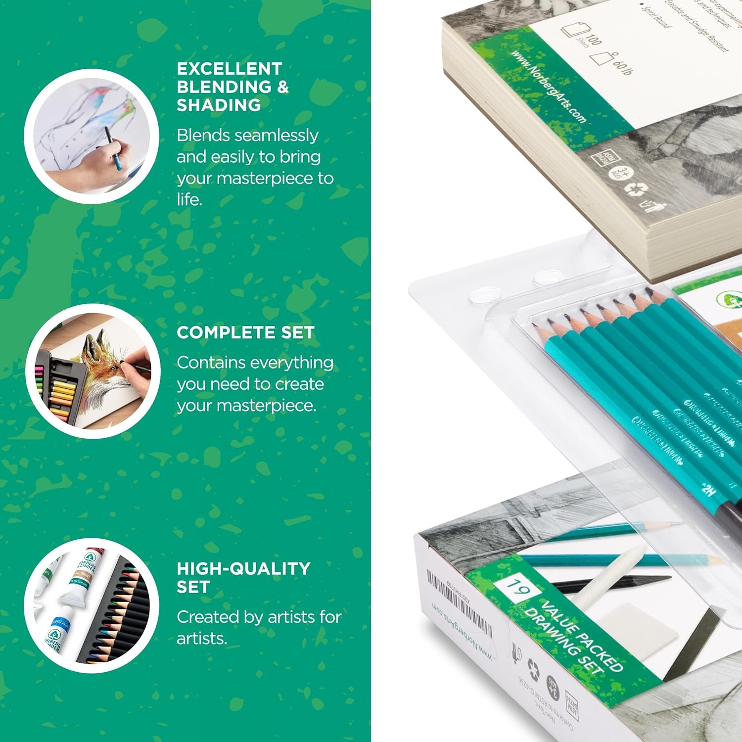 Drawing Set - Sketching and Charcoal Pencils - 100 Page Drawing Pad, Kneaded Eraser. Art Kit and Supplies for Kids, Teens and Adults