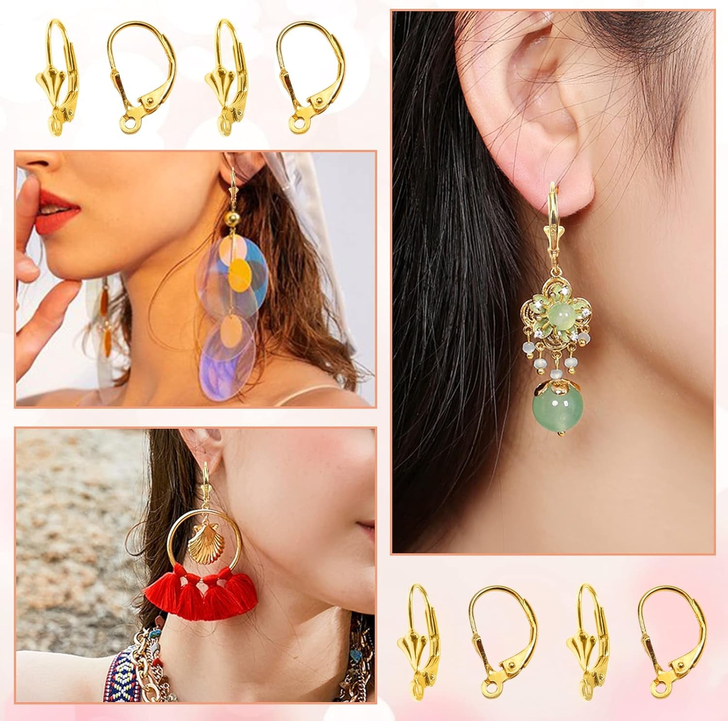 8Pcs 925 Sterling Silver Leverback French Earring Hooks with Open Loop 10X17Mm Hypo Allergenic Gold Dangle Ear Wire Findings for Jewelry Making