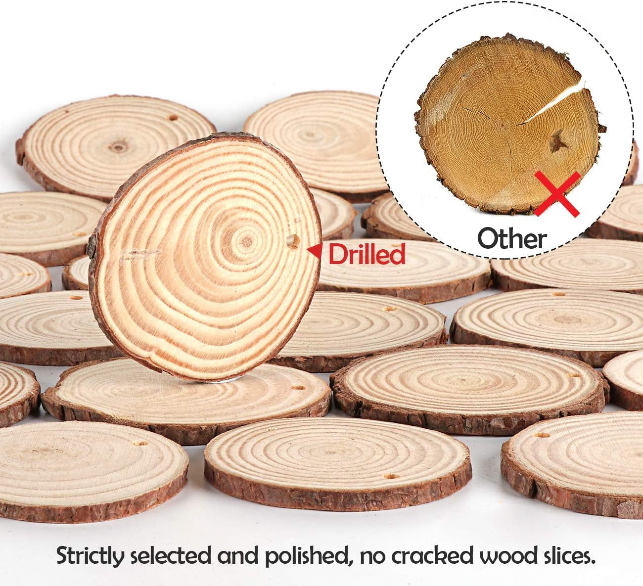 50Pcs Wood Slices 2.4"-2.8" Unfinished Natural Wood Rounds with Pre-Drilled Hole and 66Feet Twine String, Wood Slices for Wood Burning Painting DIY Crafts Christmas Ornaments Party Wedding Decor