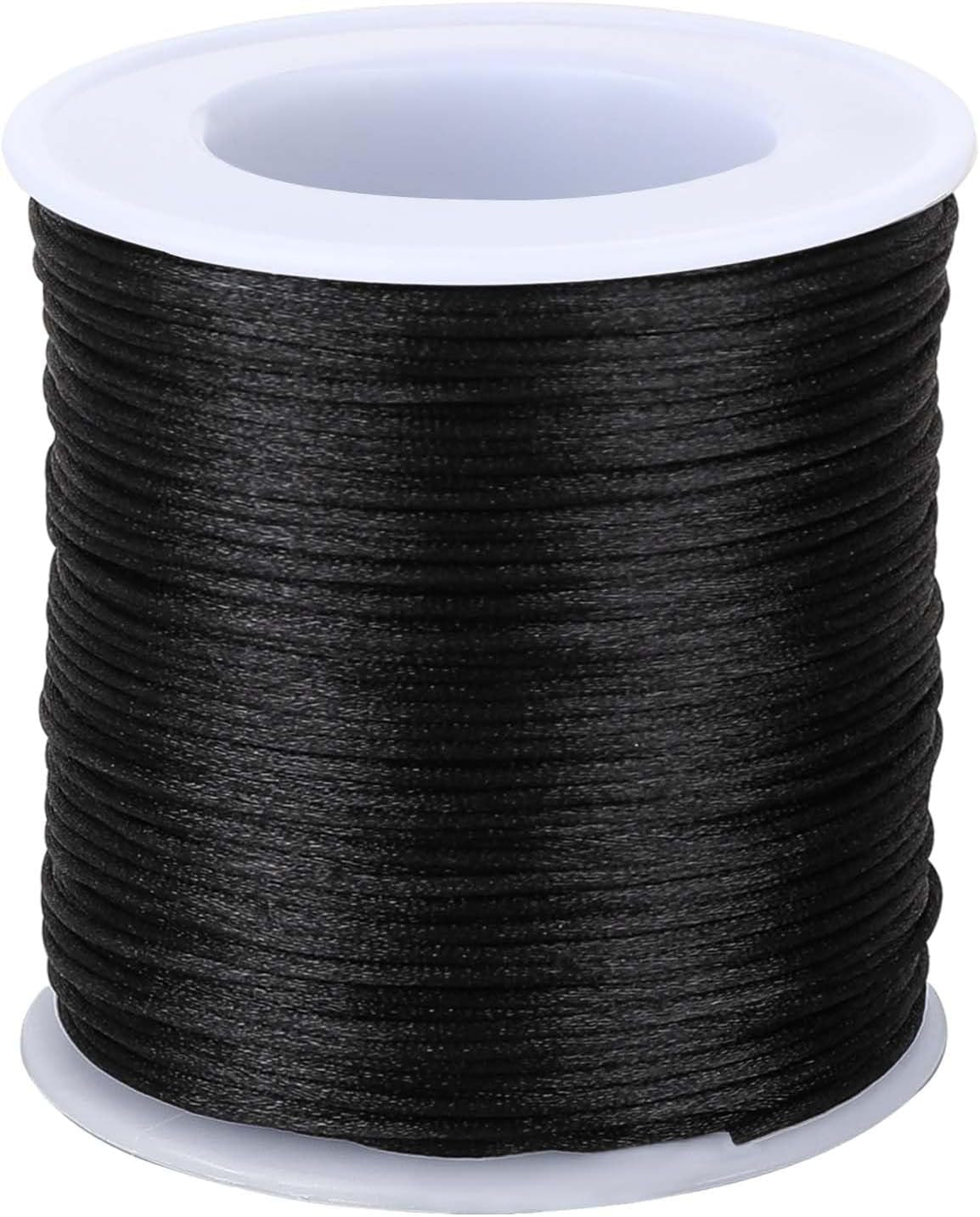 1.5Mm X 60 Yards Black Nylon Satin Cord Wind Chime Cord Replacement Necklace String for Bracelet Jewelry Making Macrame Waxed Cord Trim Cord Multi-Use Silk Cord for Lanyards, Craft, Braided Beading