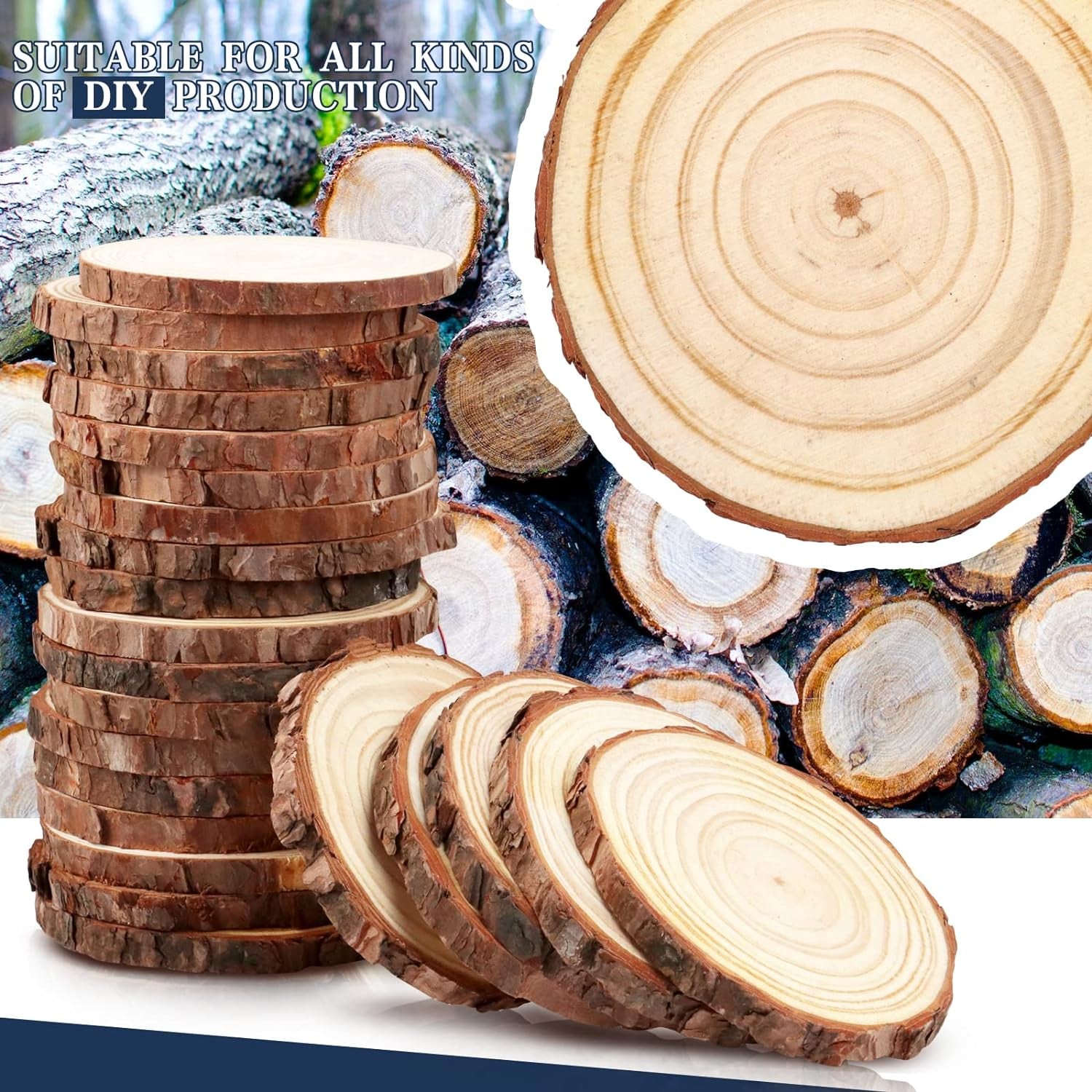 24 PCS Wood Slices Bulk, 4-4.7 Inch Unfinished Natural with Tree Barks Rustic Wedding Centerpiece Disc, Craft Wood Pieces for Circles Craft Christmas Ornaments and DIY Table Decorations