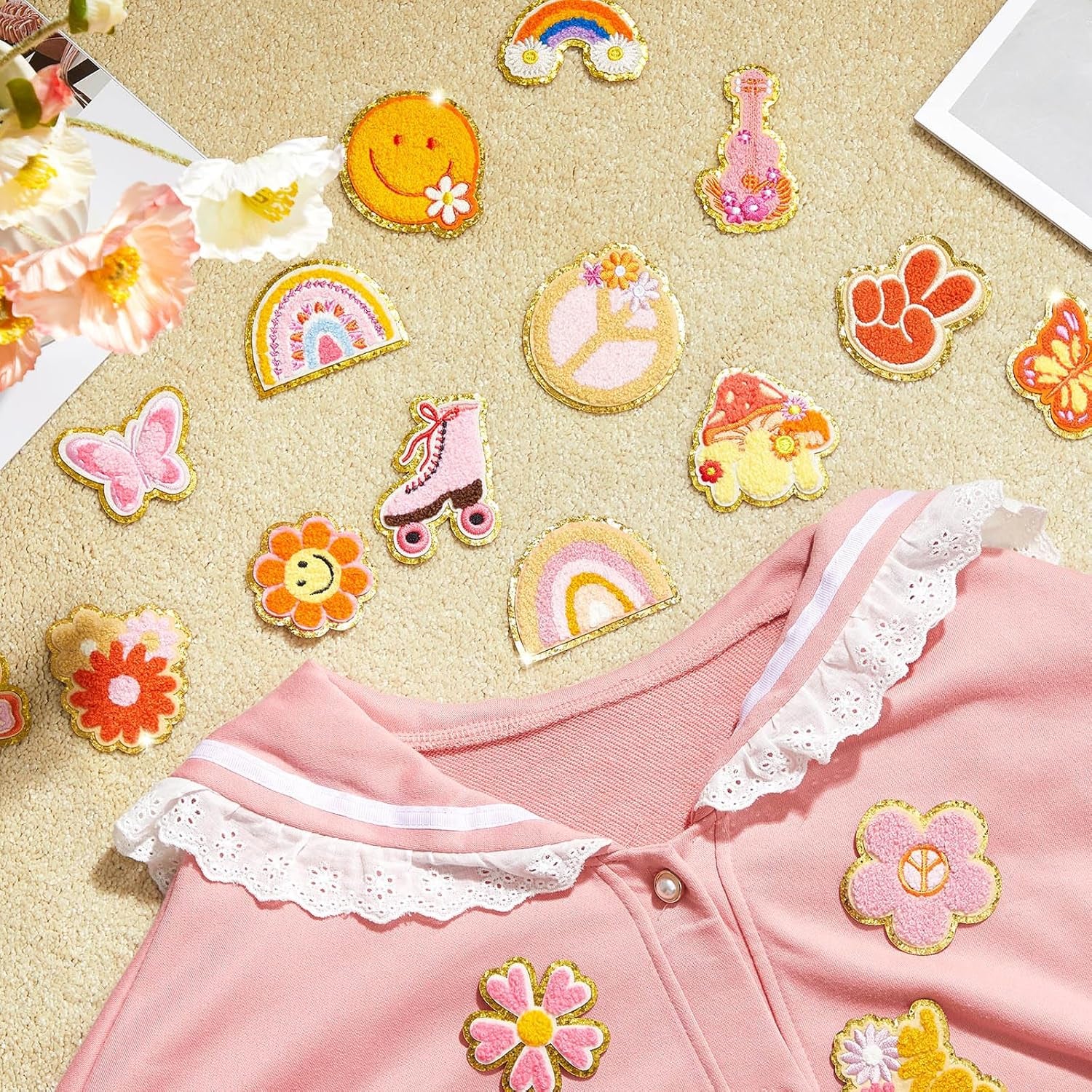 28 Pcs Iron on Patches Colorful Sew Iron on Patch Chenille Embroidered Patches Applique Patches for Clothing Fabric Jackets Jeans Repair Decor Craft(Retro Style)