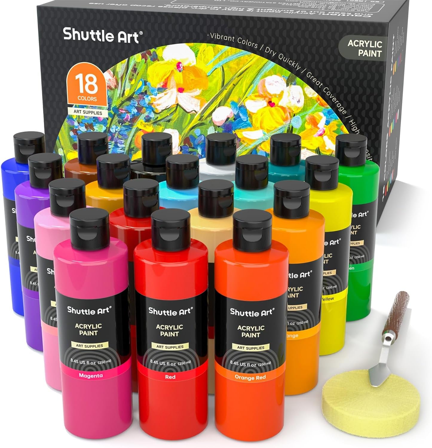 18 Colors Acrylic Paint Bottle Set (250Ml/8.45Oz), Rich Pigmented Bulk Painting Supplies for Artists, Beginners and Kids on Rocks Crafts Canvas Wood Ceramic