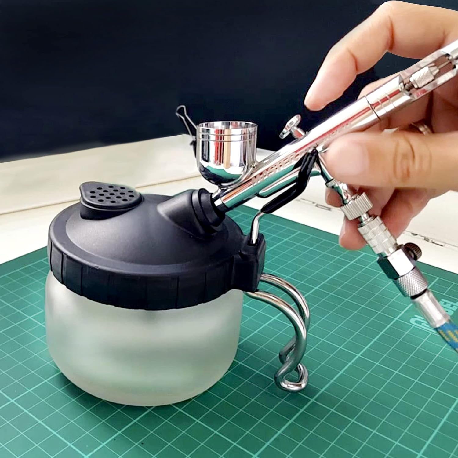 Airbrush Cleaning Kit - Airbrush Clean Pot Glass Cleaning Jar with Holder, 5Pc Cleaning Needles, 5Pc Cleaning Brushes, 1 Wash Needle, 2 Extra Filters