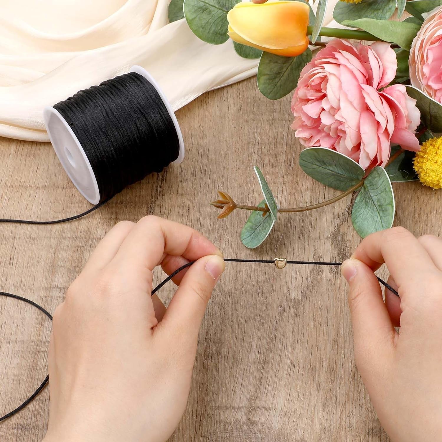 1.5Mm X 60 Yards Black Nylon Satin Cord Wind Chime Cord Replacement Necklace String for Bracelet Jewelry Making Macrame Waxed Cord Trim Cord Multi-Use Silk Cord for Lanyards, Craft, Braided Beading