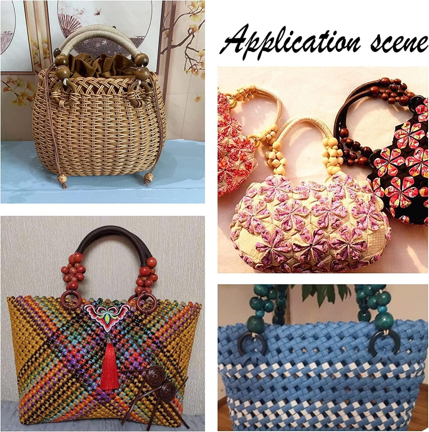 6Pcs Wooden Beaded Bag Handles, 3 Colors Purse Handles Nylon Rope Purse Straps Replacement Bag Handles U-Shape Purse Handles for Bag Making Shoulder Bag Handbag DIY Crochet Bag, 18 Inch