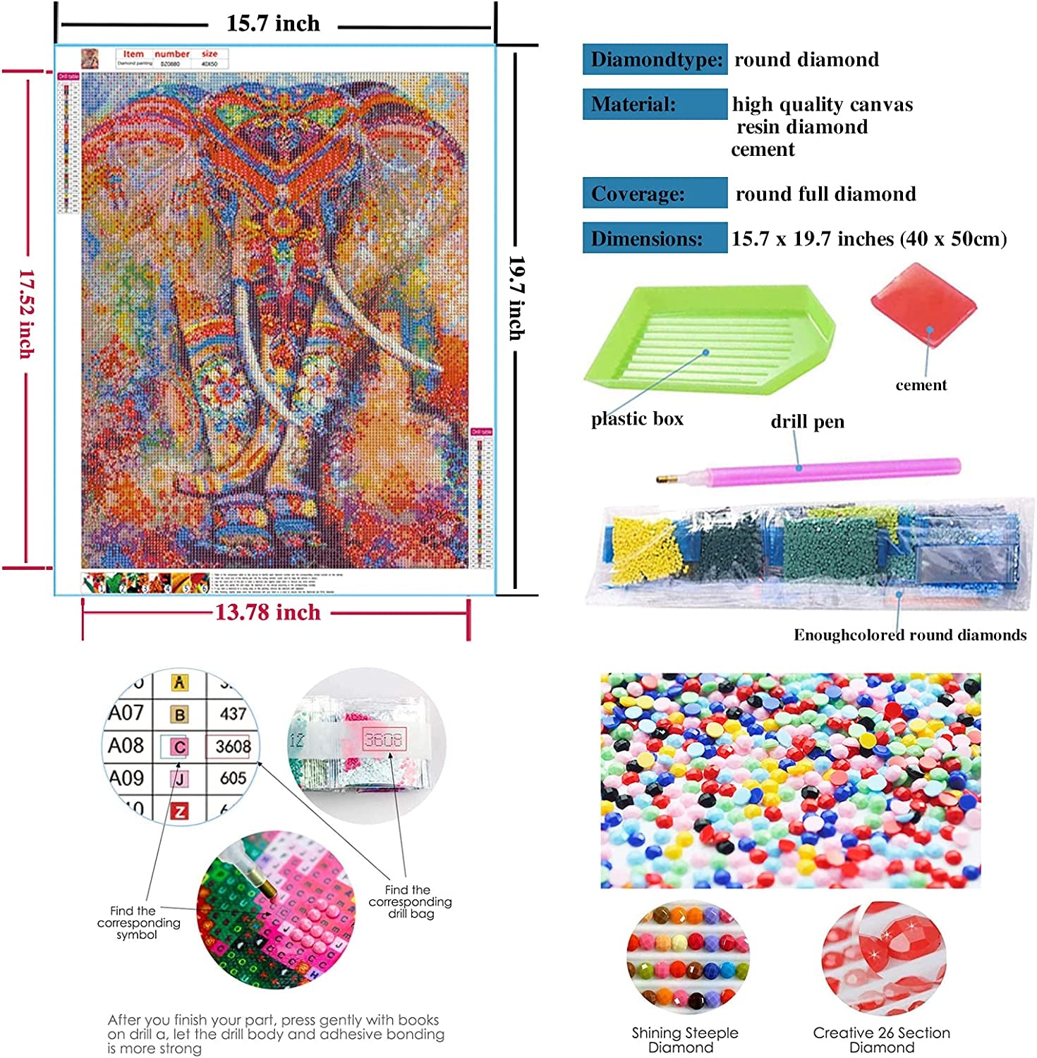 Diamond Painting Art Kits for Adults (19.7X15.7Inch) Elephant DIY 5D Diamonds Paintings Dotz Kit Full Drill Crafts Dots Pack for Home Office Wall Decor (Elephant)
