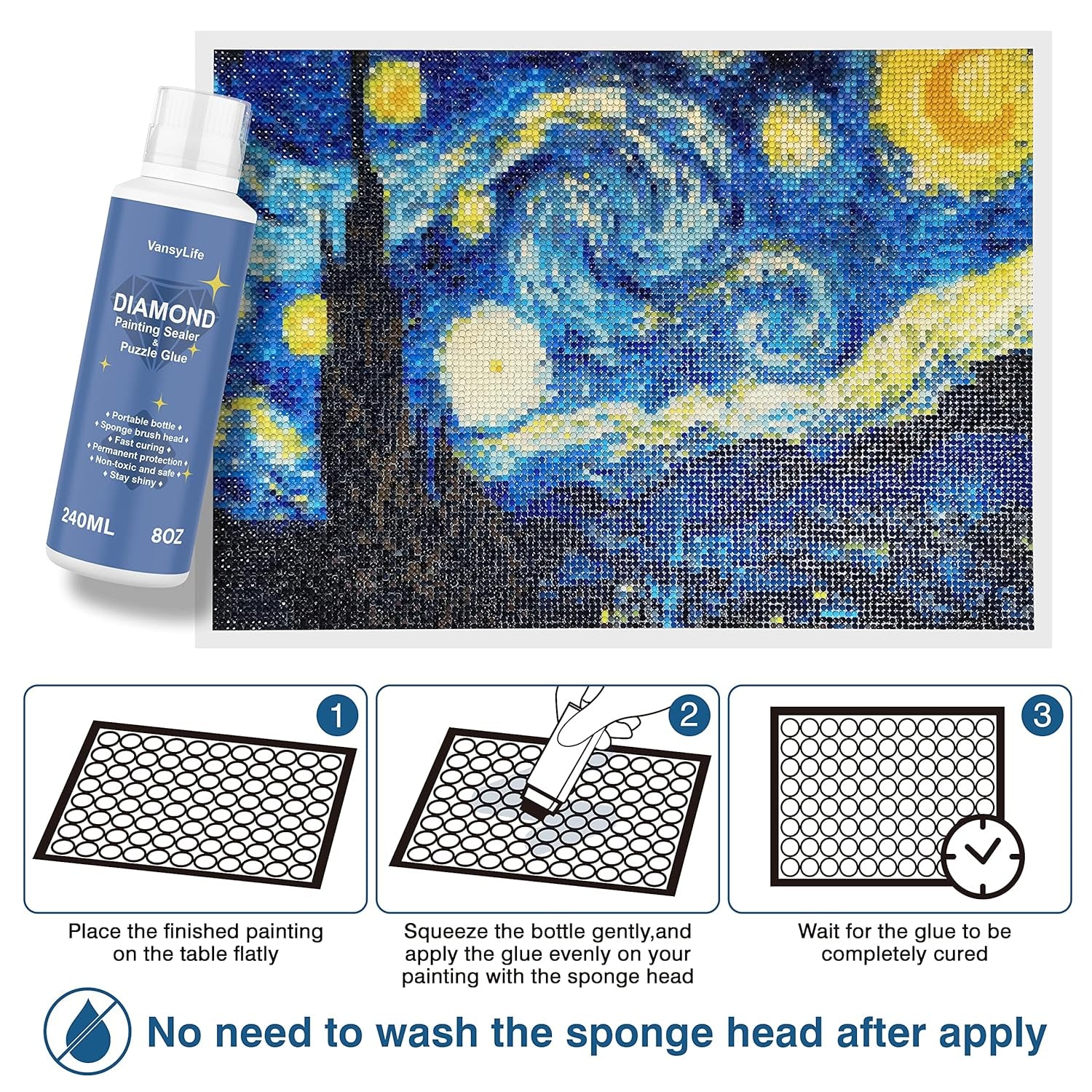 240ML Diamond Painting Sealer with Sponge Head, 5D Diamond Painting Glue and Jigsaw Puzzle Glue for Permanent Hold & Shine Effect (8 OZ)