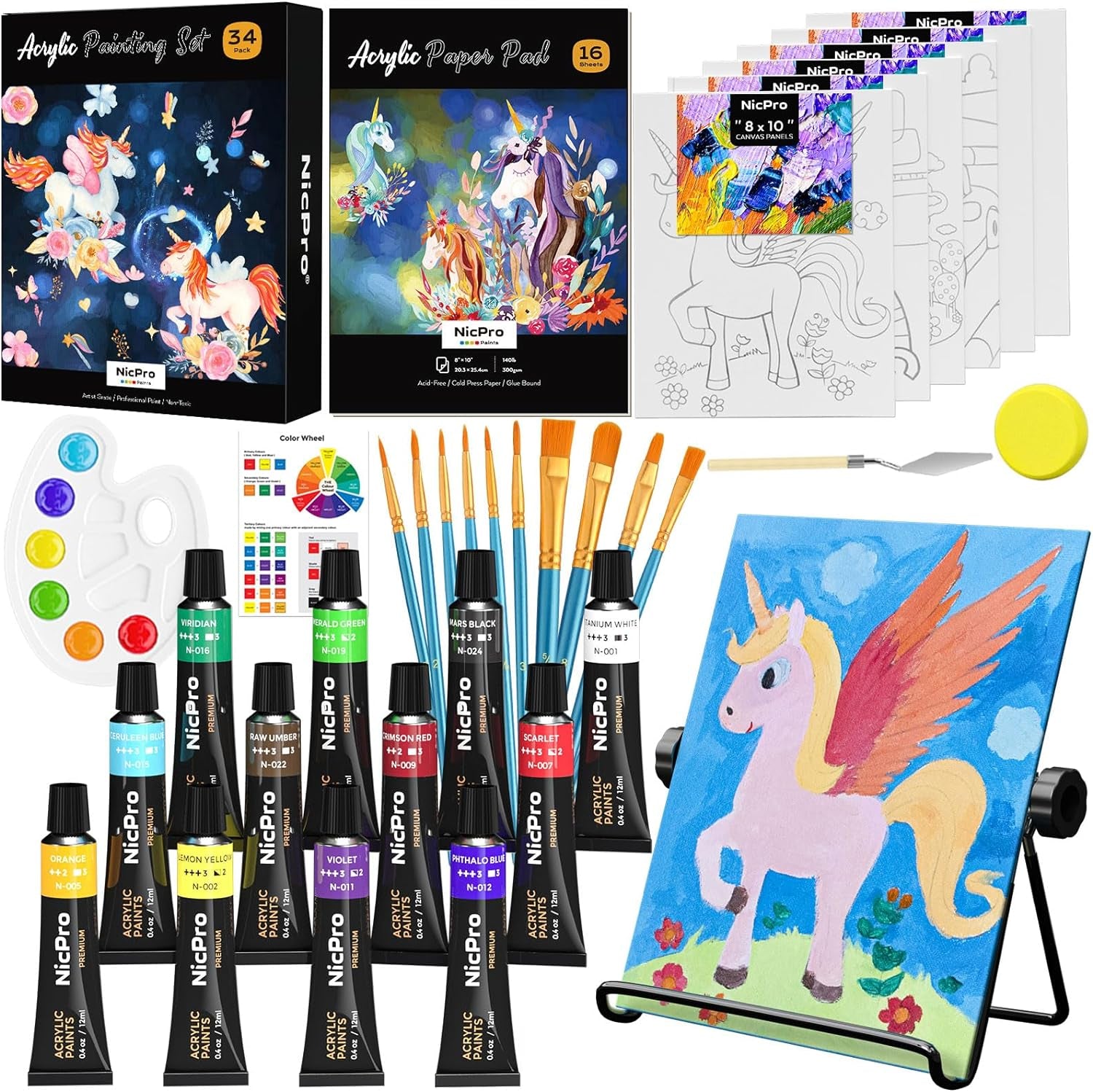 72PCS Kids Painting Set with Pattern Canvas, Art Painting Supplies Kit with 24 Acrylic Paints,10 Brushes, 8 Canvas Panels,Table Easel,Paper Pad,Color Wheel,Palette for Beginner Student Toddlers