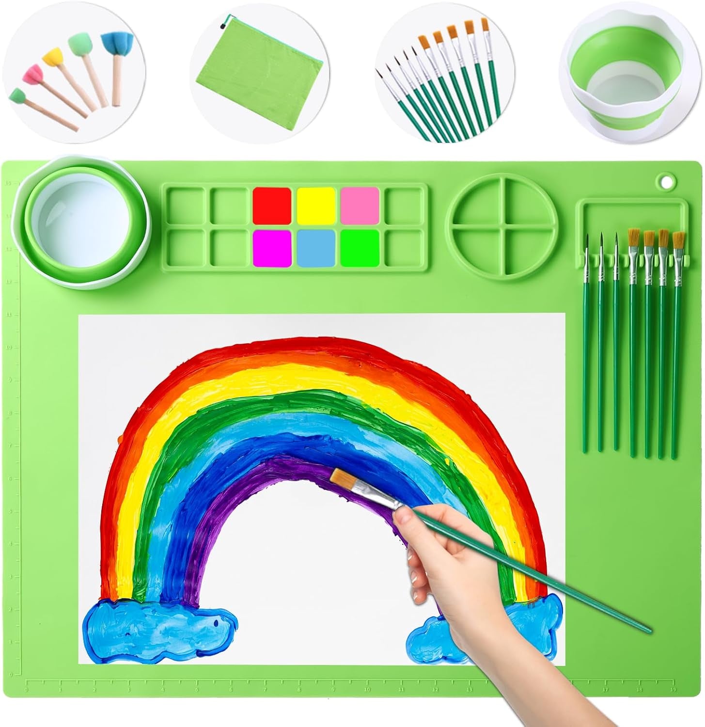 Silicone Craft Mat 20X16 Inch Large Silicone Art Mat with Detachable Cup Painting Mat with 10 Painting Brushes Silicone Drawing Mat Sheets for Kids Adult DIY Accessories (Blue)