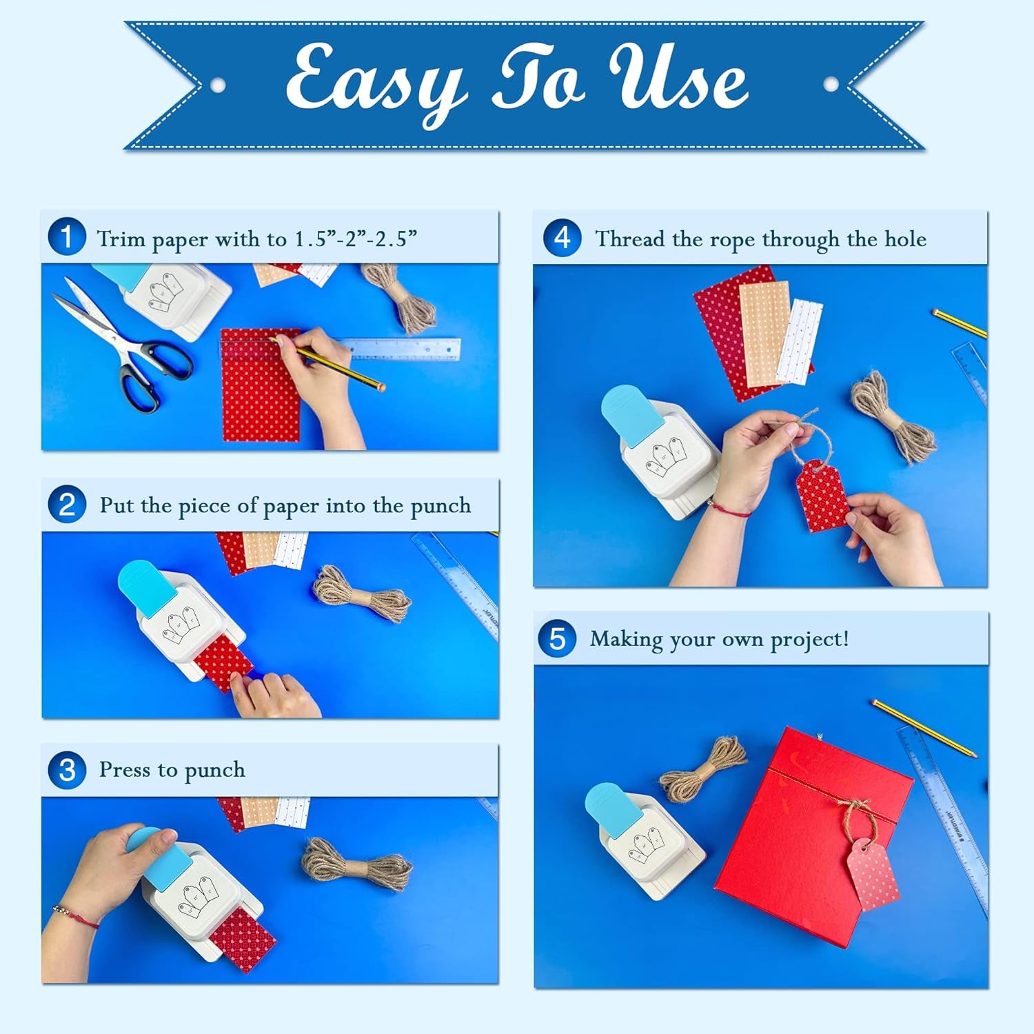 Paper Craft Tag Punch 1.5" 2" 2.5" - with 1 Roll Hemp Rope 32Ft - Tag Shape Lever Action Craft Puncher for Paper Crafting Scrapbooking Cards Arts for DIY Projects