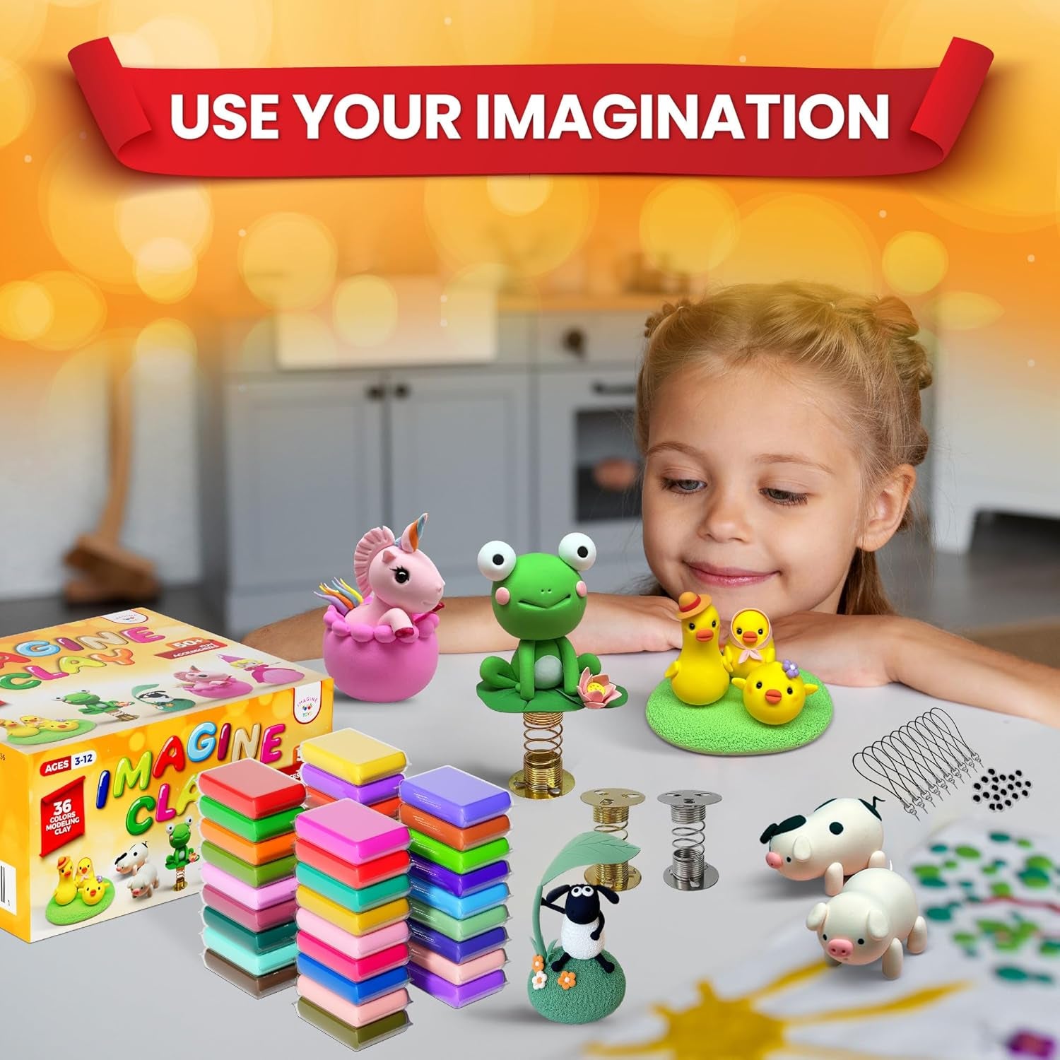 Imagine Clay Complete KIT - 36 Colors Air Dry Modeling Clay with 5 Sculpting Tools plus Roller, 50+ Decorations, 4 Spring Seats, 10 Phone Chains, 2 Key Rings, Booklet, Etc. Great Gift. Age 3-12+
