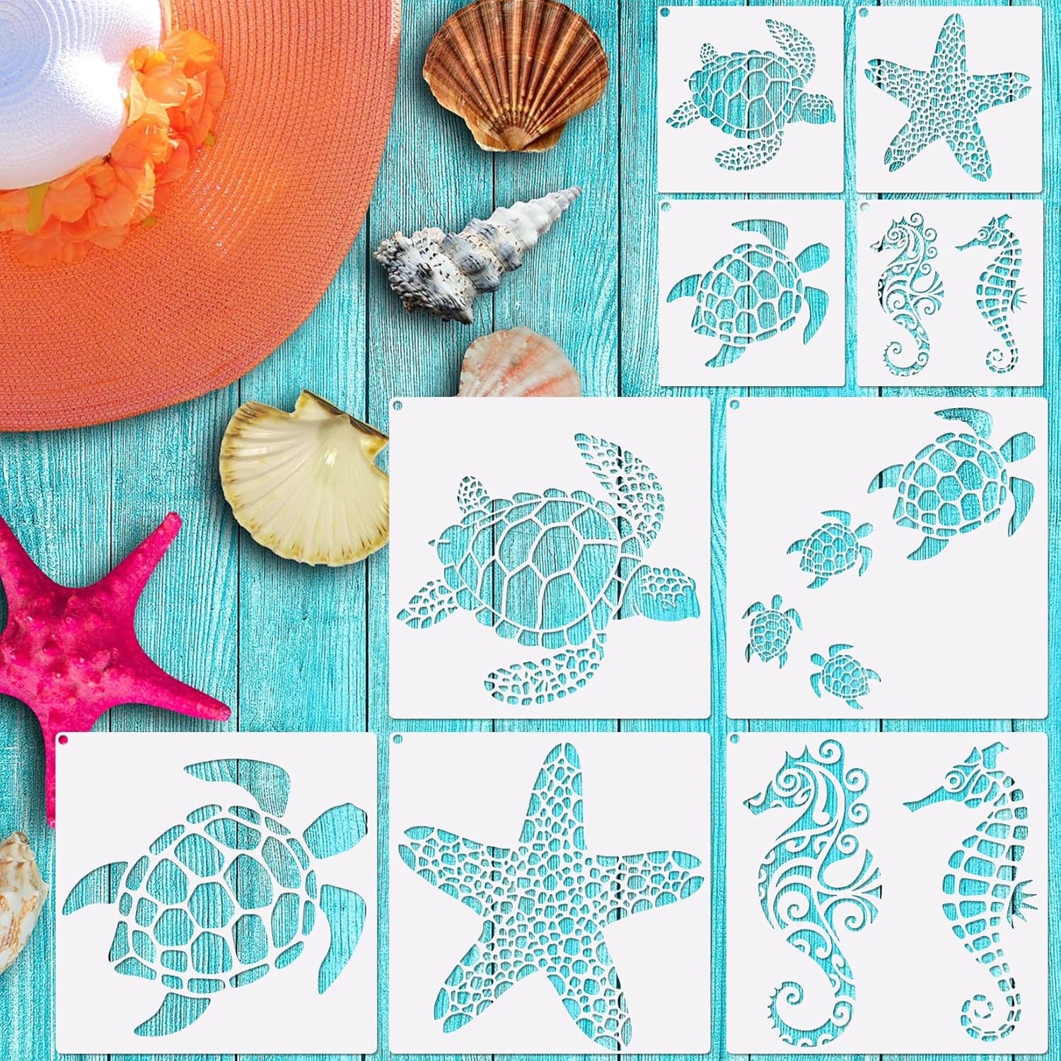 9Pcs Ocean Sea Turtle Jellyfish Dolphin Skeleton Fish Stencils Sea Animal Tropical Template Hawaiian Palm Tree Beach Dolphin Shark Stencils for Painting on Wood DIY Craft Wall Décor (Fancy)