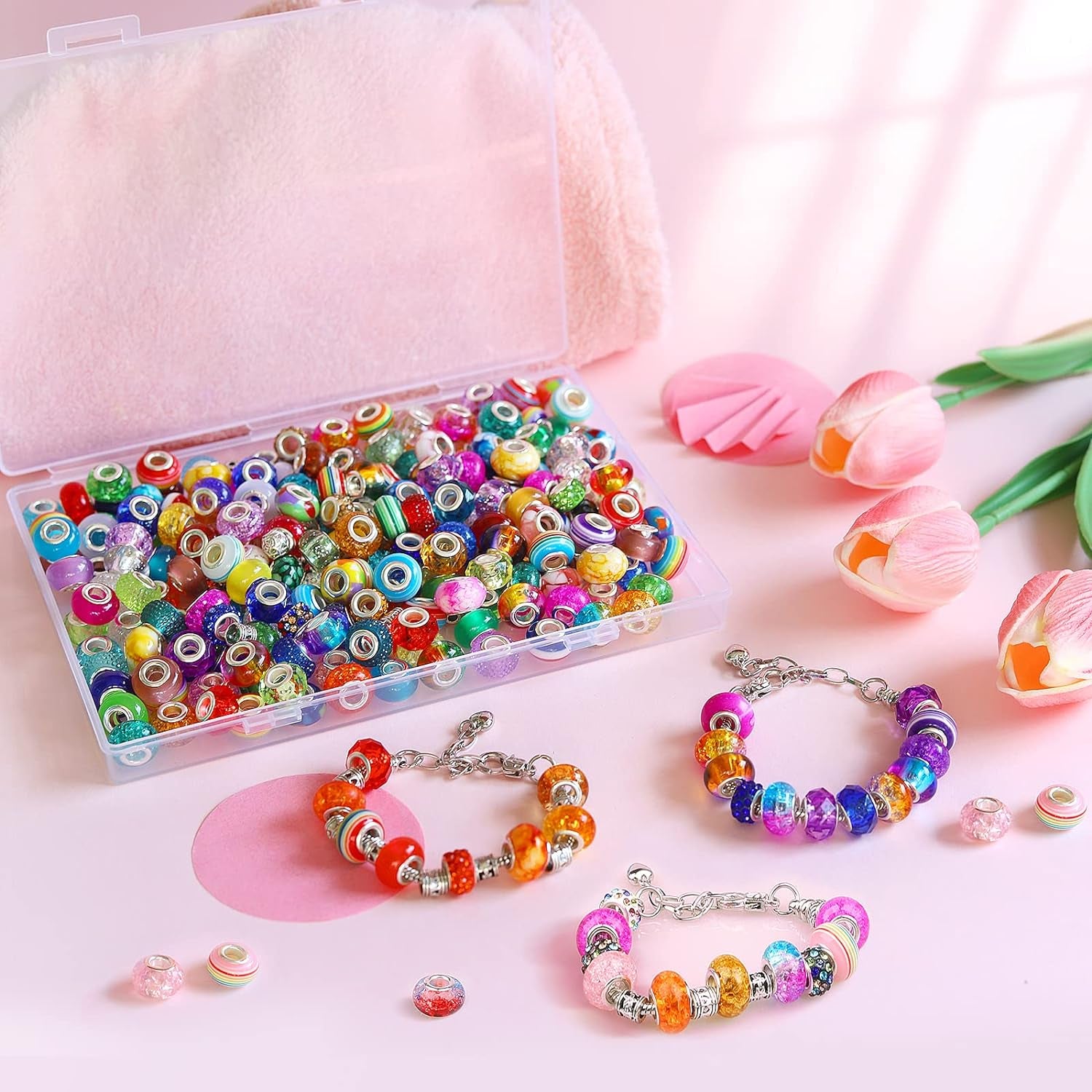 250Pcs Large Hole Beads for Jewelry Making,  200Pcs European Bulk Glass Rhinestones Lampwork with 50+Pcs Silver Spacer DIY Craft Bracelet Necklace Earring Making