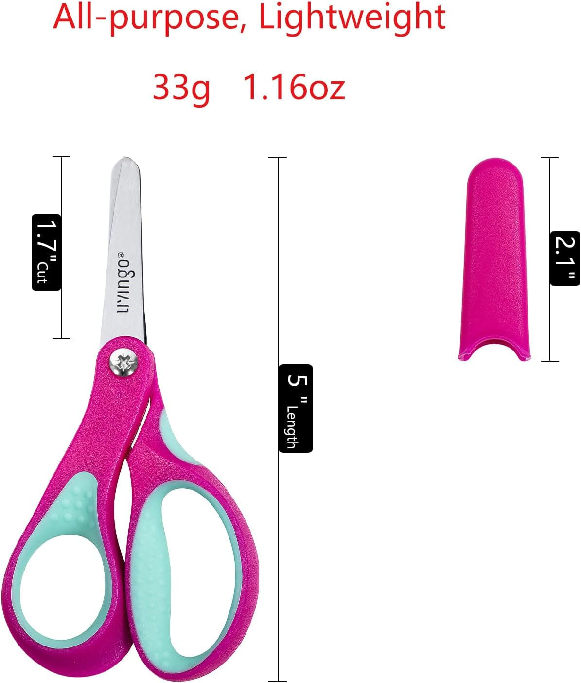 Left Handed Kids Scissors: Blunt Tip Safety Lefty Toddler Child Scissors for School Craft Cutting Paper - 3 Pack 5 Inches Comfort Grip Green, Rose Pink, Blue