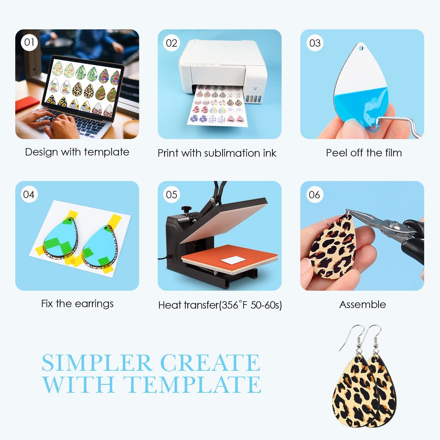 Sublimation Earring Blanks Bulk - 30 Pcs Wood Earrings Blanks with Blue Protective Film - Unfinished MDF Teardrop Earrings for Sublimation Printing with Template, Weeder, Hooks, Jump Rings