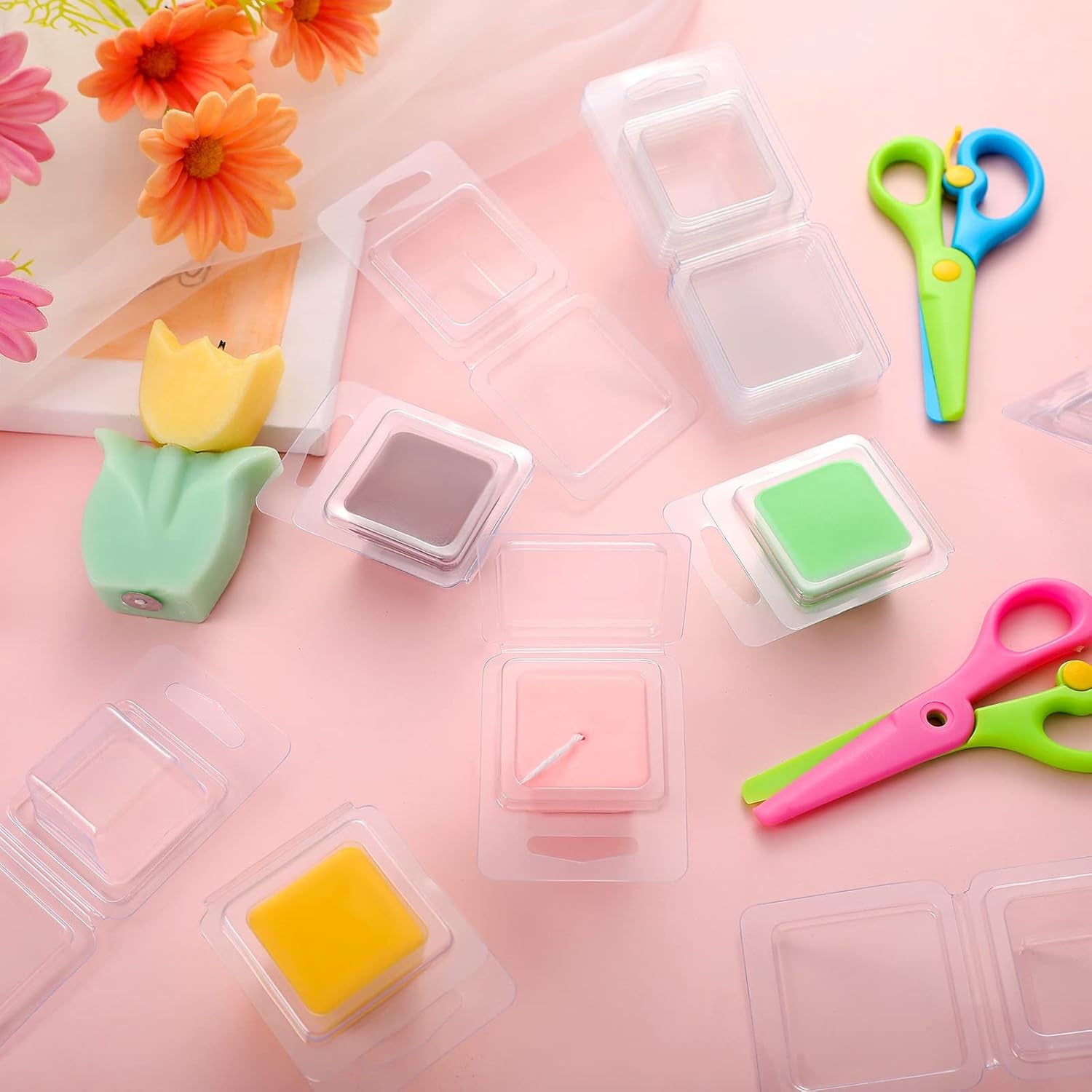 100 Pcs Wax Melt Molds Clear Empty Plastic Wax Melt Clamshells Container Molds PET Single Cube 1 Oz Candle Molds for DIY Chocolates Wax Melt Wickless Candles Soap Making