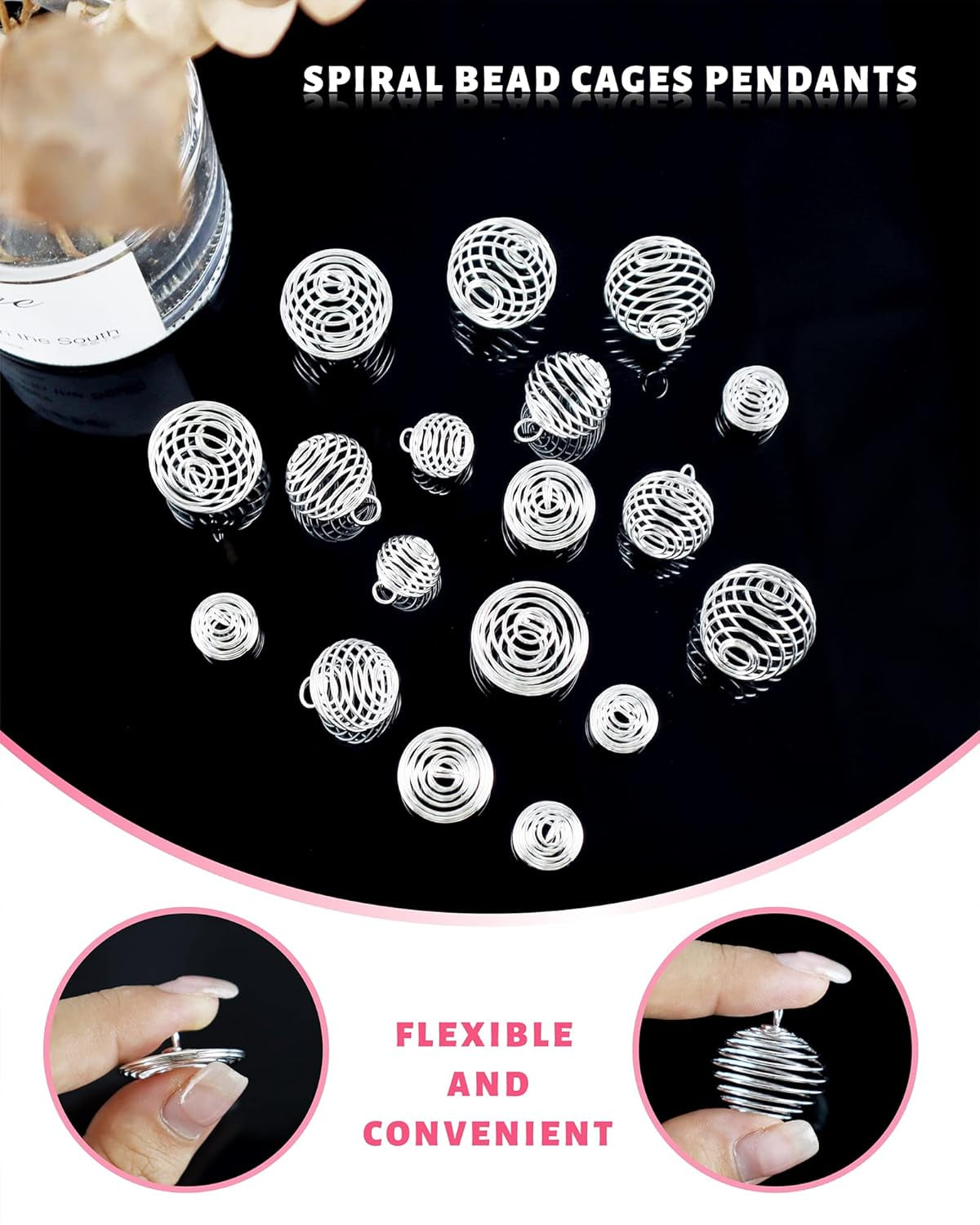 Spiral Bead Cages Pendants, 30 Pcs 3 Sizes Silver Plated Stone Holder Necklace Cage Pendants Findings for Jewelry Making and Crafting