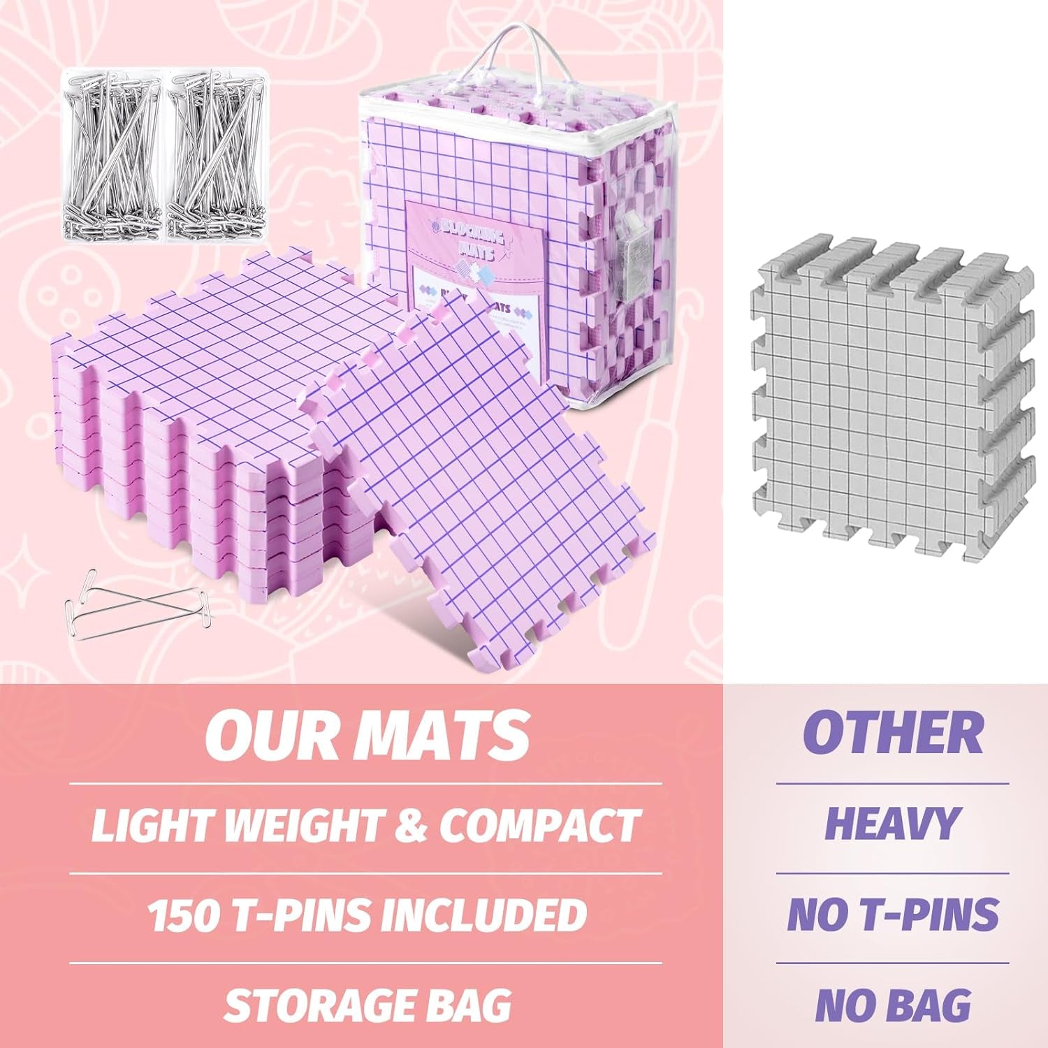 Knitting Blocking Mats and Pins, Blocking Mats for Knitting & Crochet Projects, Extra Thick Knitting Blocking Mats with 150 T-Pins and Storage Bag, Crochet Blocking Board for Crocheting