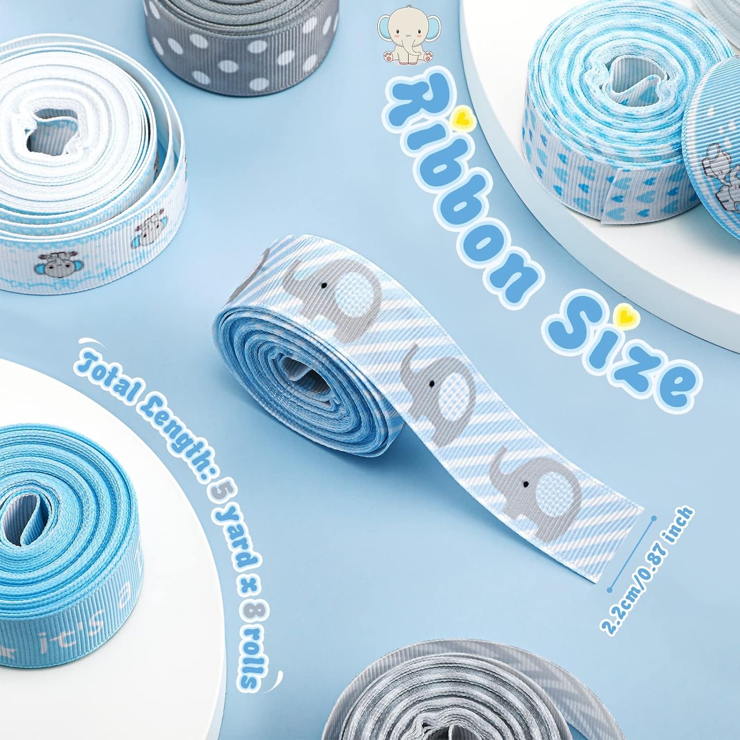 8 Roll Baby Elephant Grosgrain Ribbon 7/8 Inch Baby Shower Craft Ribbon It'S a Boy/Girl Foot Print Ribbon for Gift Wrapping Baby Shower Gender Reveal Party Diaper Cake Decor, 40 Yard Total (Blue)