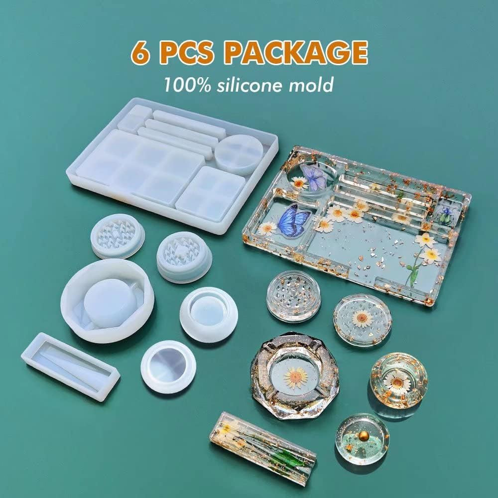 6 PCS Silicone Molds for Resin - Large Resin Molds with Rolling Tray Mold and Resin Grinder Mold for Grind and Storage, DIY Resin Epoxy Kit