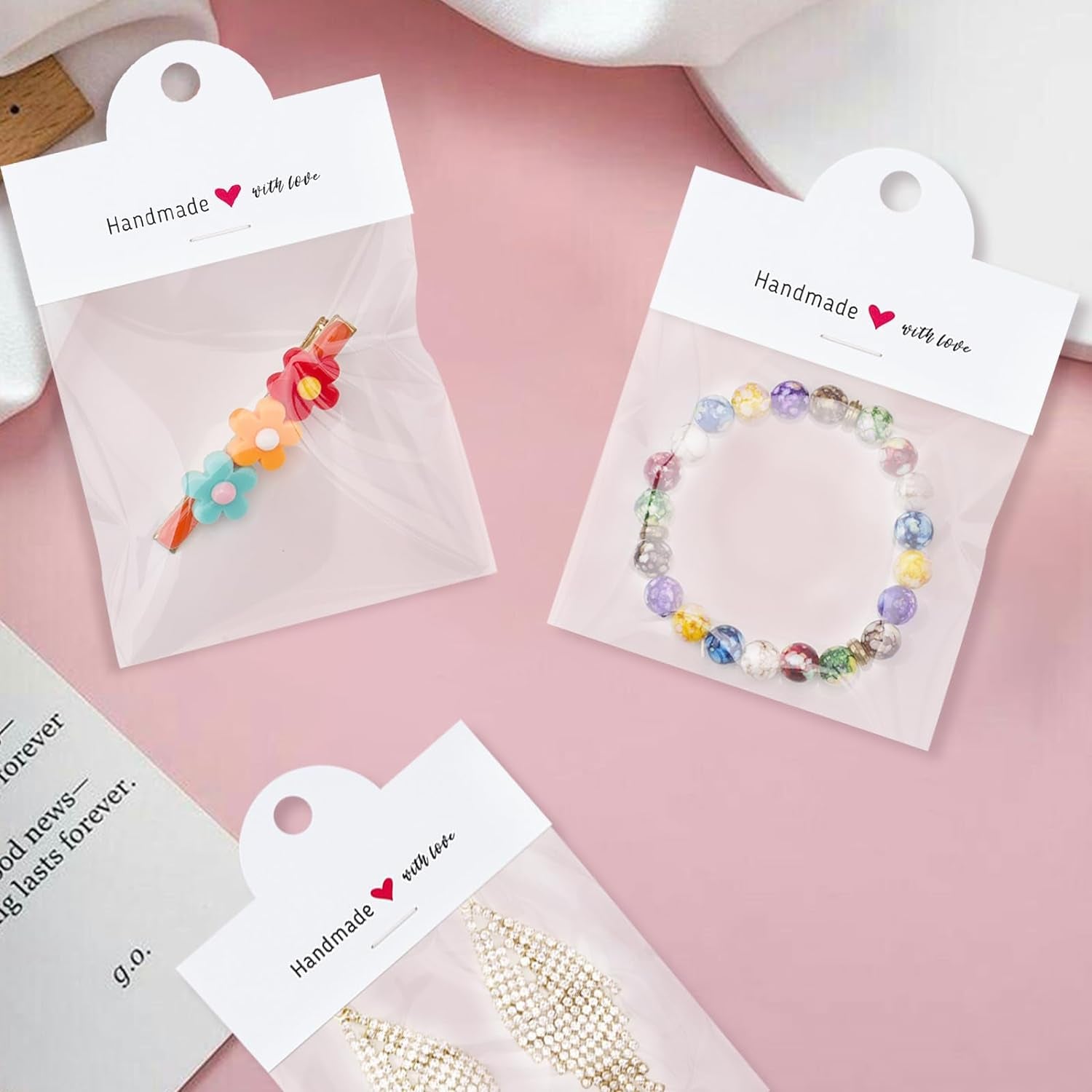 100Pcs Packaging for Small Business, Jewelry Package Supplies for Small Business, Jewelry Display Clear Bags for Selling, Small Craft Packaging Set for Bracelets, Key Chains, Earring(White)
