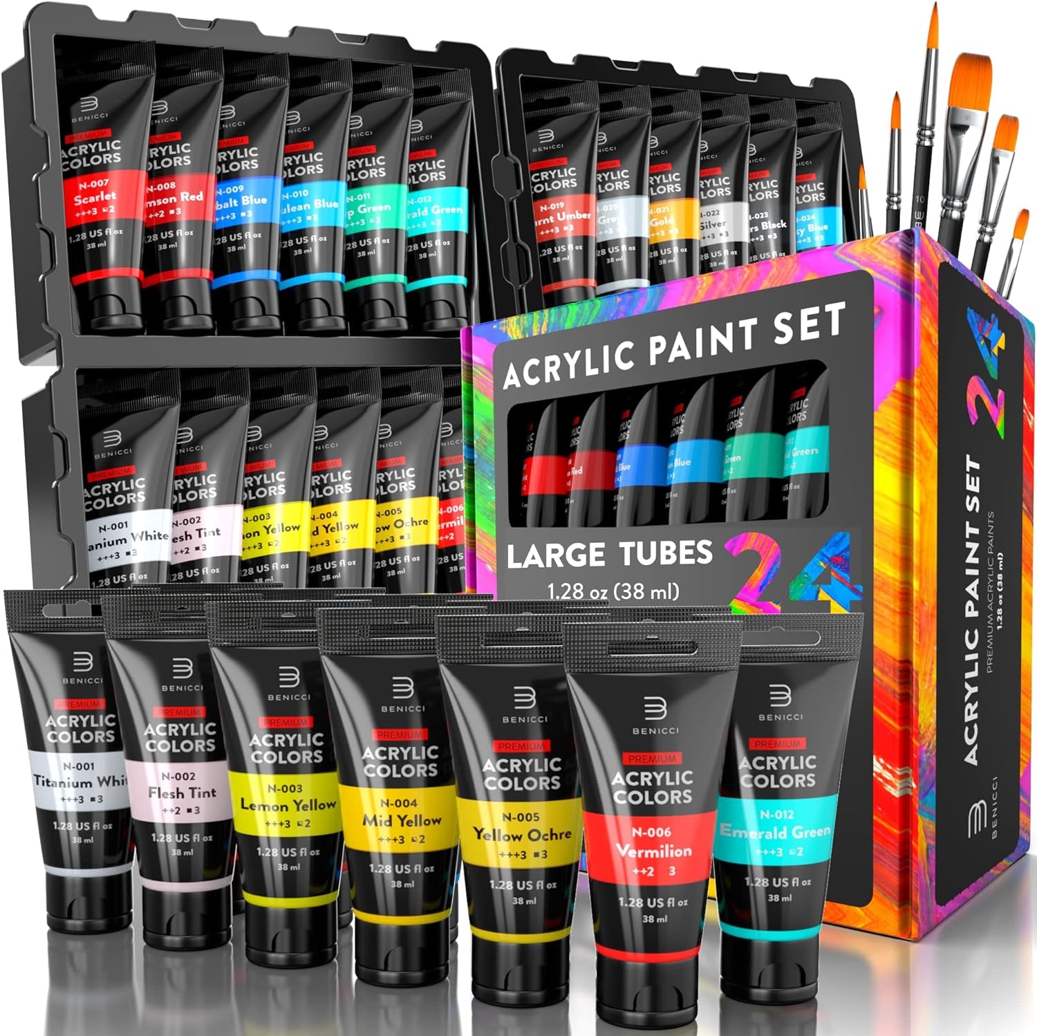 Premium Quality Acrylic Paint Set 24 Colors - 1.28Oz (38Ml) - with 6 Nylon Brushes - Safe for Kids &amp; Adults - Perfect Kit for Beginners, Pros &amp; Artists to Create Amazing Paintings and Artwork