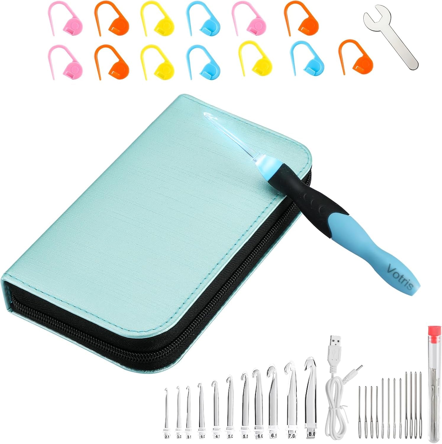 Light up Crochet Hooks - Crochet Kit for Beginners, Ergonomic Soft Grip, Rechargeable Light, 11 Interchangeable Heads - Ideal Crochet Set for Crocheting Yarn, Arthritic Hands, Crafting Delight