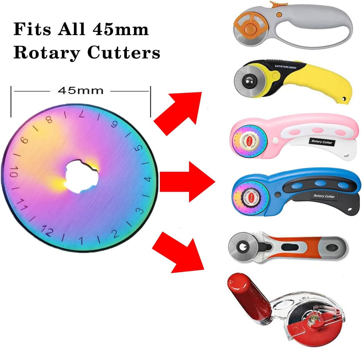 45Mm Rotary Cutter Blades,Replacement Blades,Fits Fiskars,Olfa,Martelli,Dremel,Truecut,Dafa,Sks-7,Fabric Cutting Blades Refill for Quilting Scrapbooking Sewing Arts &amp;Crafts,10 Pack (Rainbow)