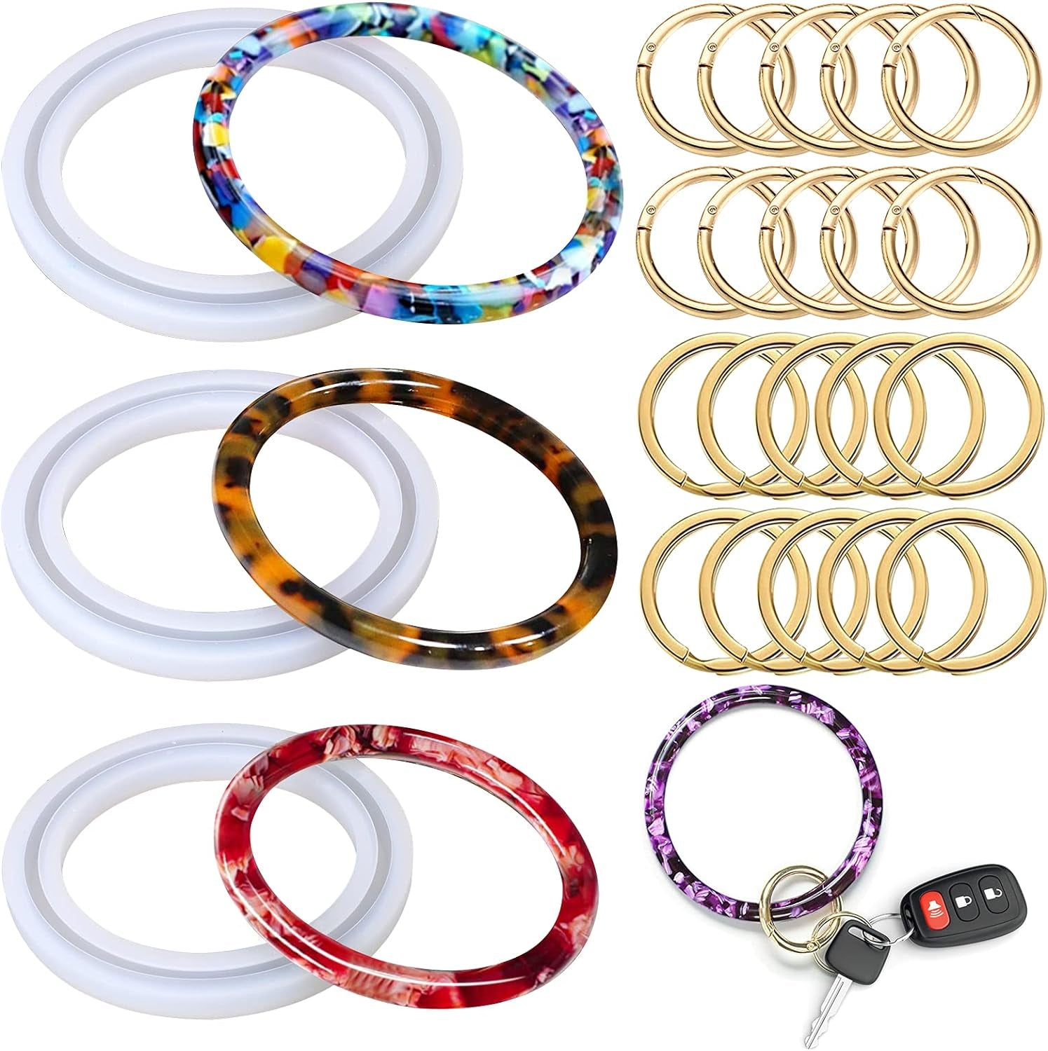 Wristlet Keychains Molds, Key Ring Bracelet Molds for Epoxy Resin Molds Casting, Silicone Mold for Car Key Chain Bracelets Wristlet Wallet with 10Pcs Key Chains and 10Pcs Key Rings