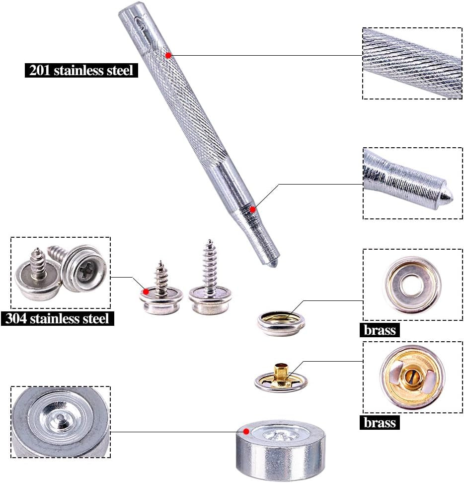 120-Pieces Stainless Steel Marine Grade Canvas and Upholstery Boat Cover Snap Button Fastener Kit with 2Pcs Setting Tool (40 Sets)- Silver