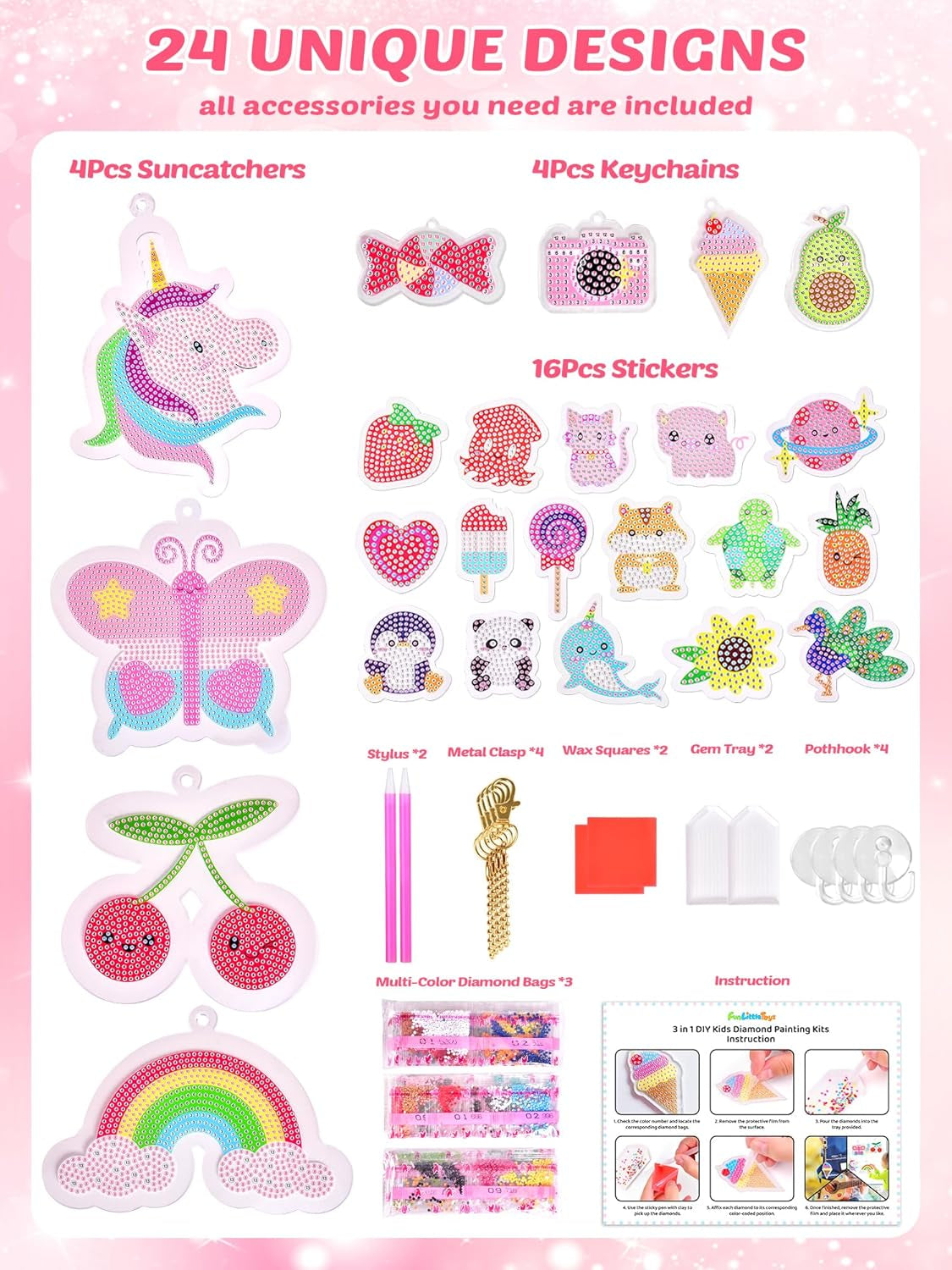 24Pcs Diamond Art Kits for Kids, Diamond Painting Kits, Arts and Crafts for Kids Ages 6-8-12, Gem Art as Gifts Ideas for Girls Boys, Small Diamond Painting Stickers, Kids Craft Age 6+