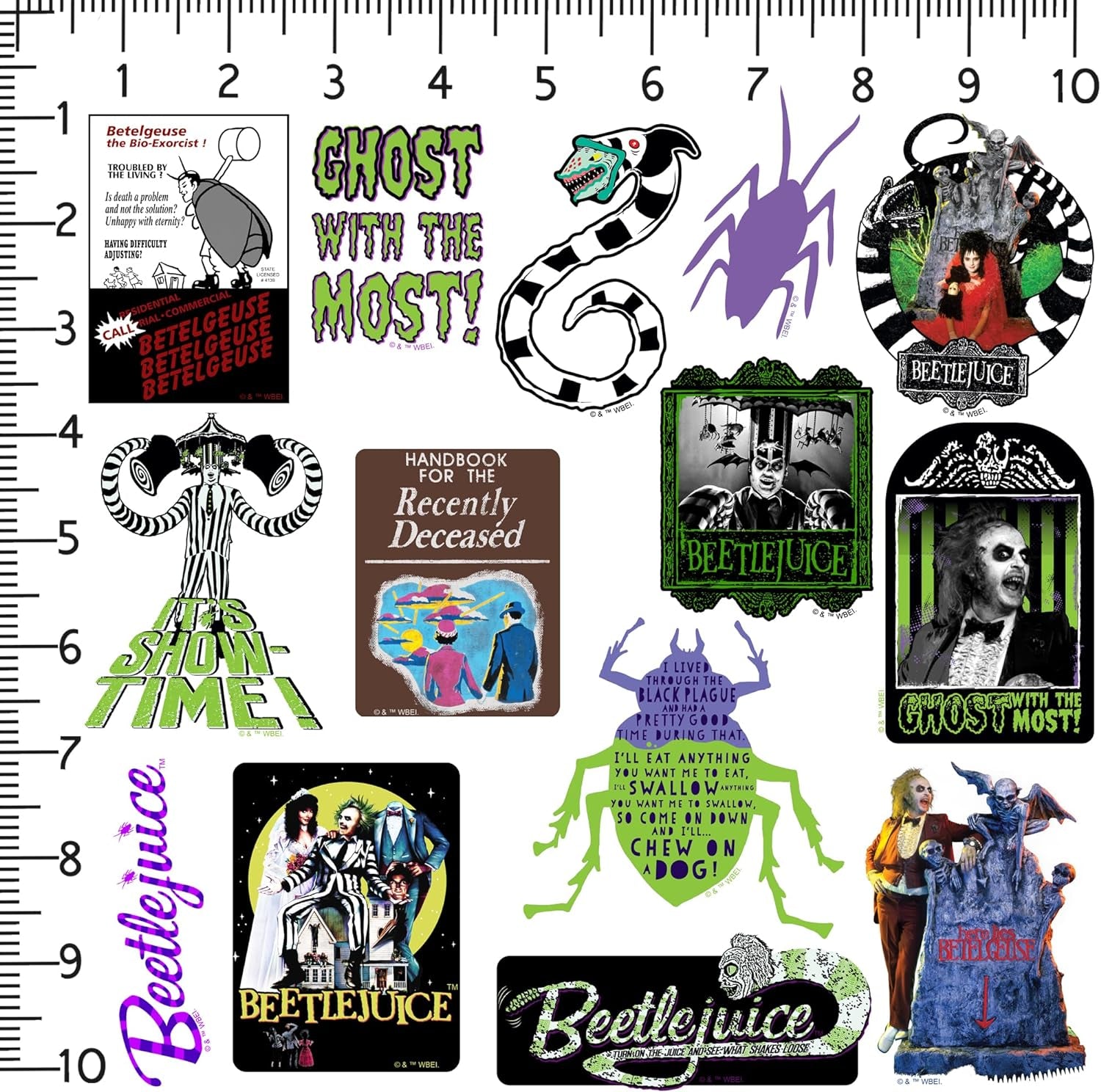 Beetlejuice 50Ct Vinyl Large Deluxe Stickers Variety Pack - Laptop, Water Bottle, Scrapbooking, Tablet, Skateboard, Indoor/Outdoor - Set of 50