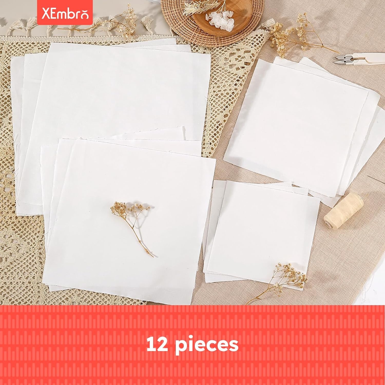 12 PCS White Embroidery Fabric, Pre-Cut Natural Cotton Embroidery Cloth Fabric, 4 Sizes Embroidery Cloth Squares for Embroidery Garment Craft (5.9 to 11.8Inch)