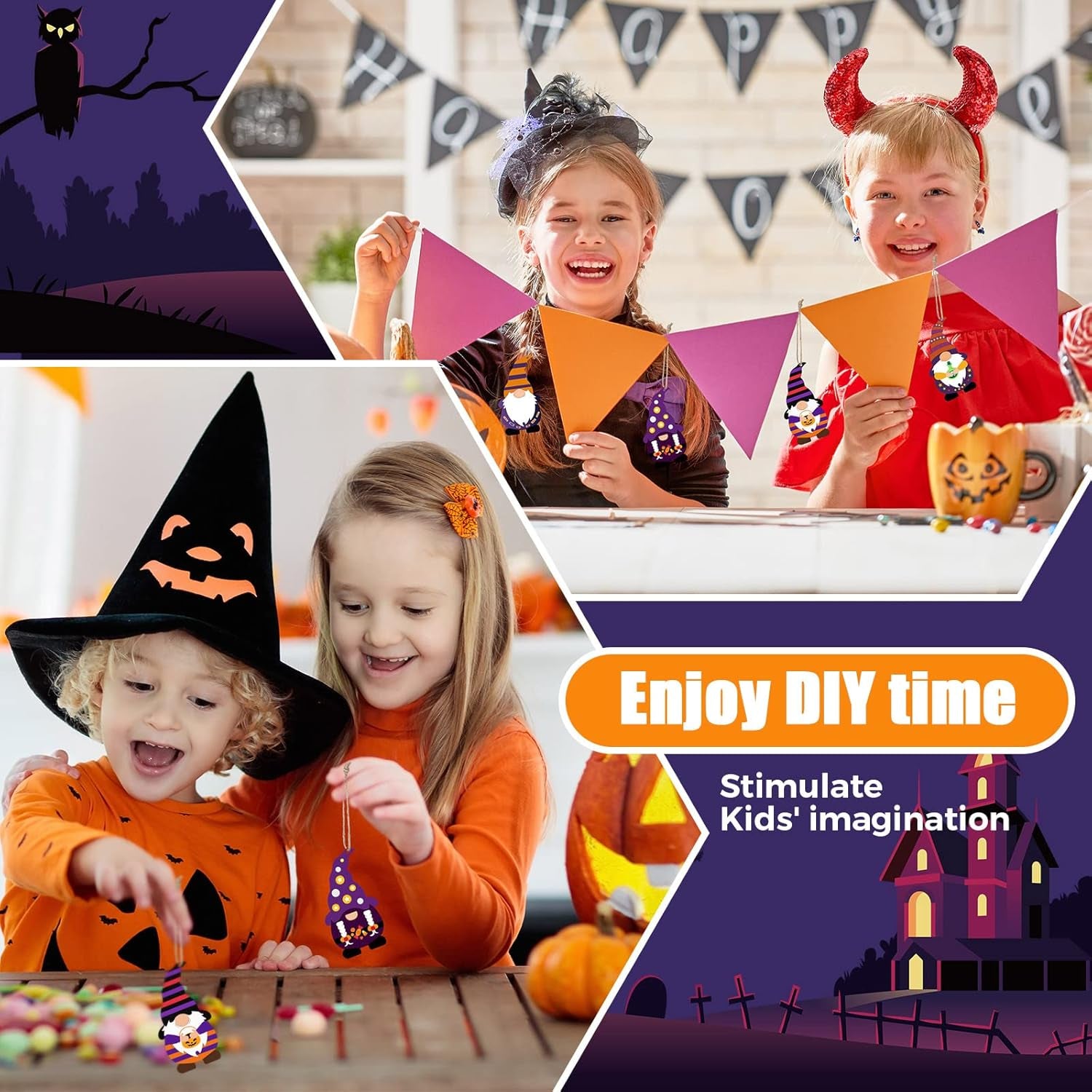 Halloween Unfinished Wooden Gnome Ornaments Include Blank Gnome Cutout Hanging Slices, Colored Marker, Bells for Kids Christmas Tree Craft Painting DIY All Festival(40 Sets)