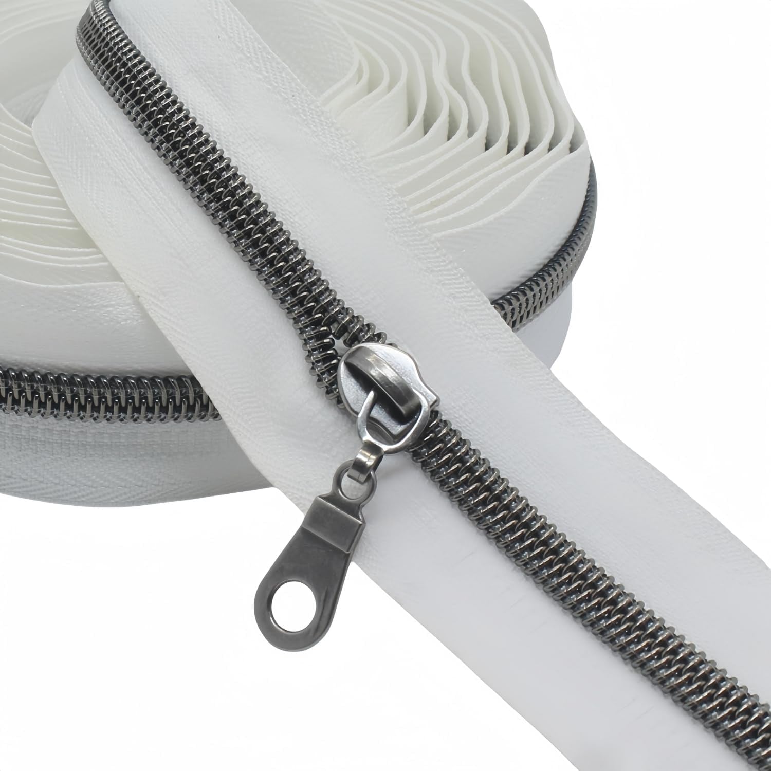 #5 Gunmetal Metallic Nylon Coil Zippers by the Yard Bulk White Tape 10 Yards with 25Pcs Pulls for DIY Sewing Tailor Craft Bag (White)