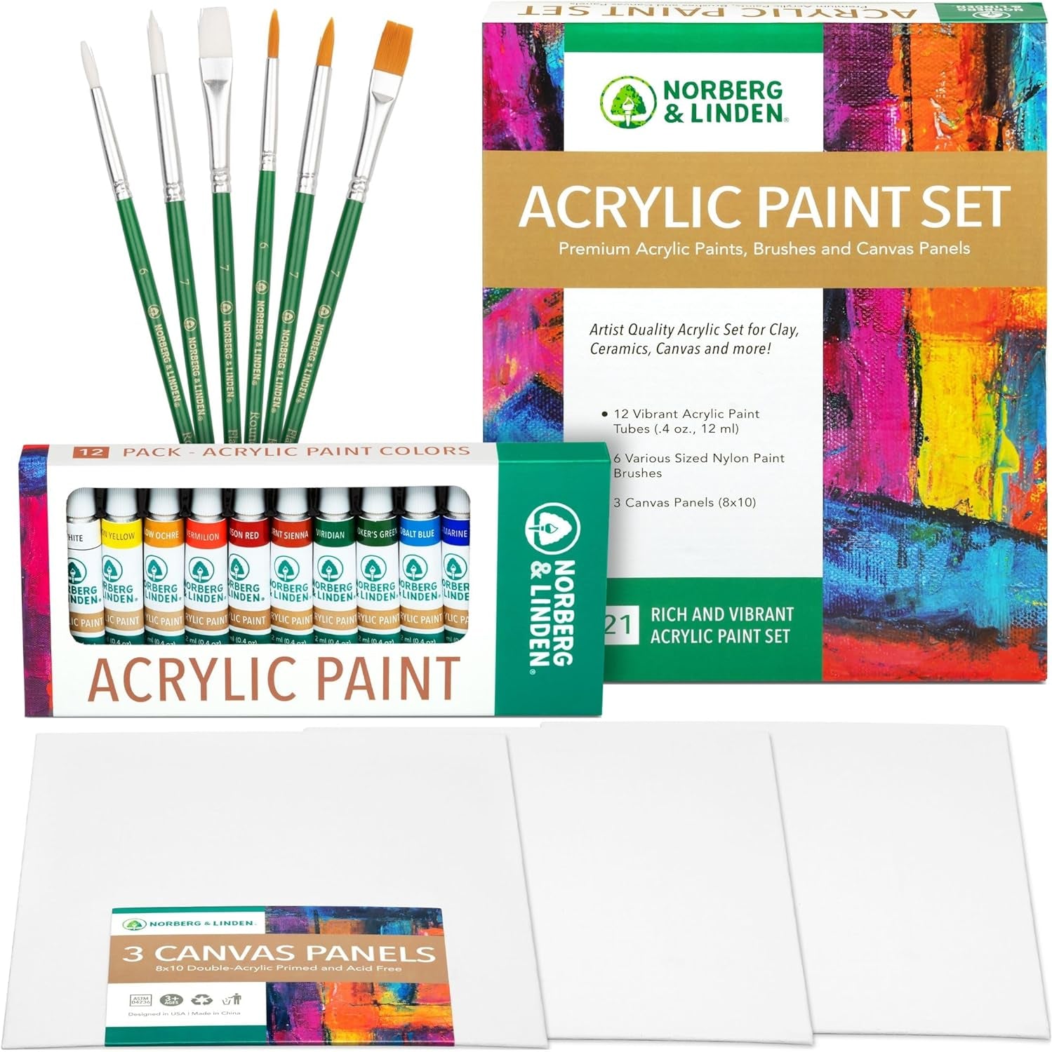 Acrylic Paint Set - Canvas and Acrylic Paint Sets for Adults, Teens, Kids - Includes 12 Vivid Colors, 3 Painting Canvas Panels & 6 Assorted Brushes
