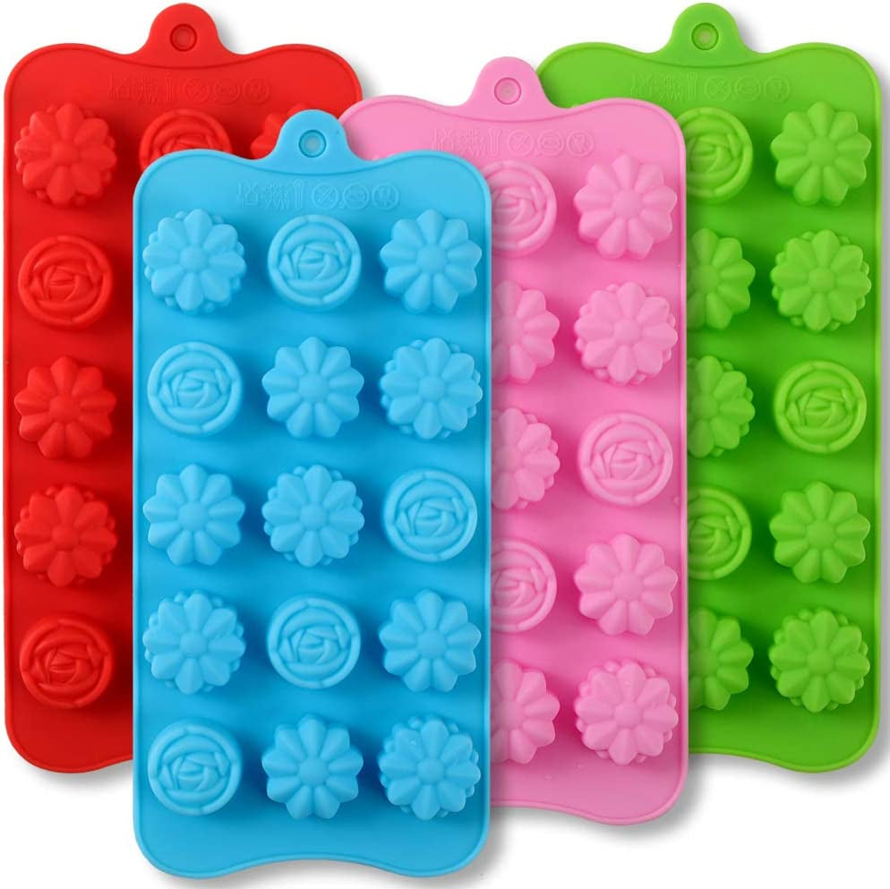 Flower Shape Silicone Molds, 4 Packs 15 Cavity Nonstick Food Grade Silicone Molds DIY for Chocolates, Candies, Ice Cubes, Jellos, Handmade Soap, and Bath Bombs