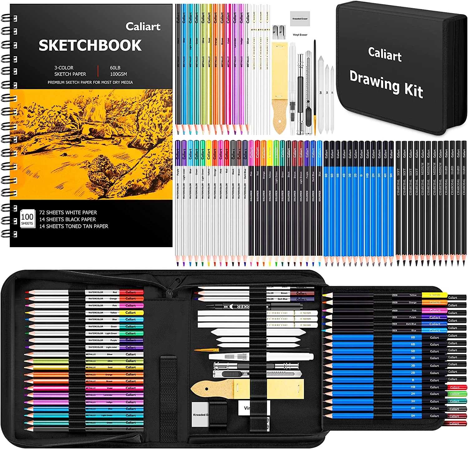 176PCS Art Supplies Sketching Kit with 100 Sheets 3-Color Sketch Book, Graphite Colored Charcoal Watercolor &amp; Metallic Pencils, School Supplies Gifts for Artists Adults Teens Girls Boys Kids