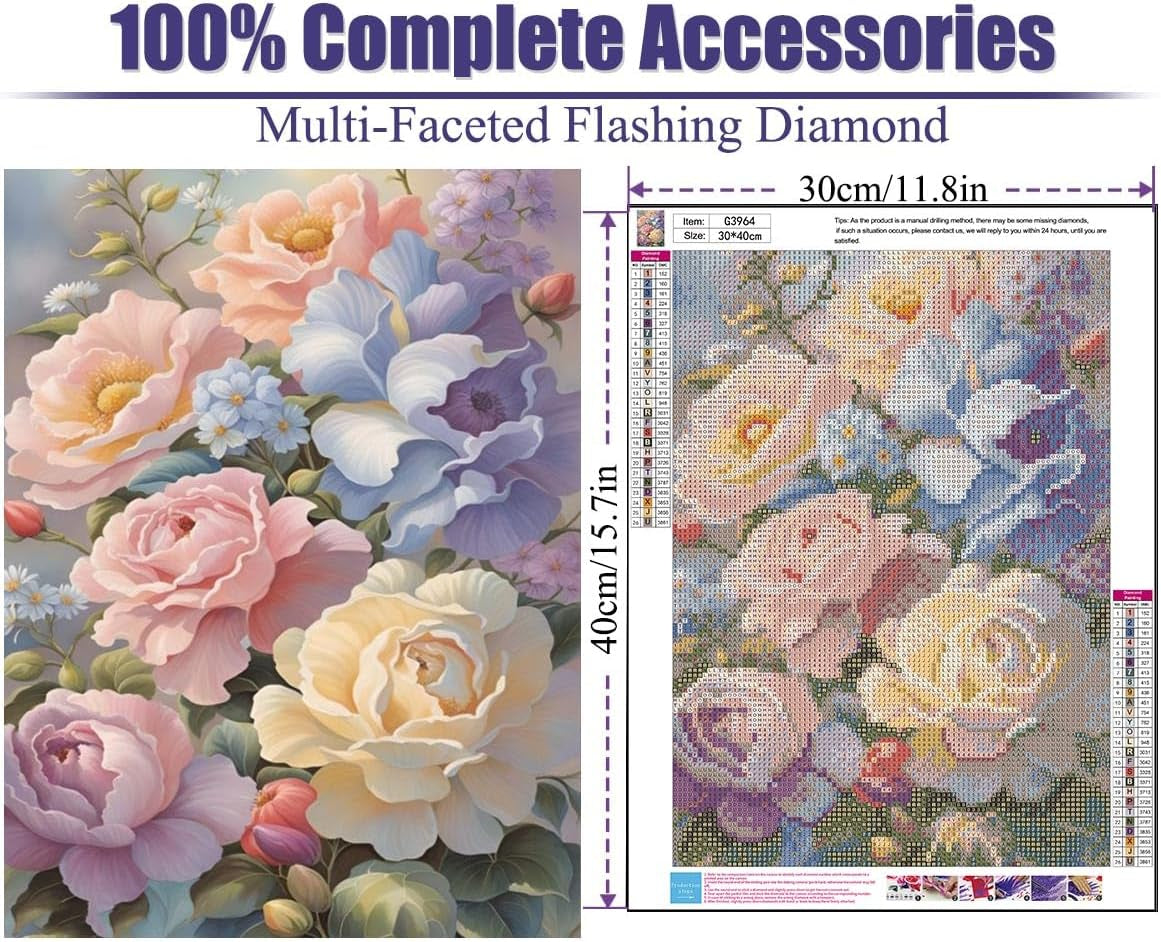 5D Flower Diamond Painting Kits for Adults, DIY Rose Diamond Art Kits, round Full Drill Gem Arts and Crafts Kits for Home Wall Decor Present(16X12Inch)