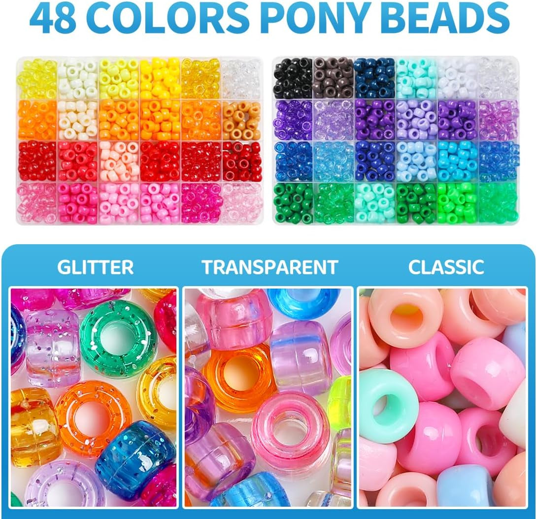Pony Beads, 48 Colors Bracelet Making Kit, 6X9Mm Beads for Bracelets with Elastic Strings, Beads for Jewelry Making, Multi-Colored Bracelet Beads for Hair Braids, Crafts