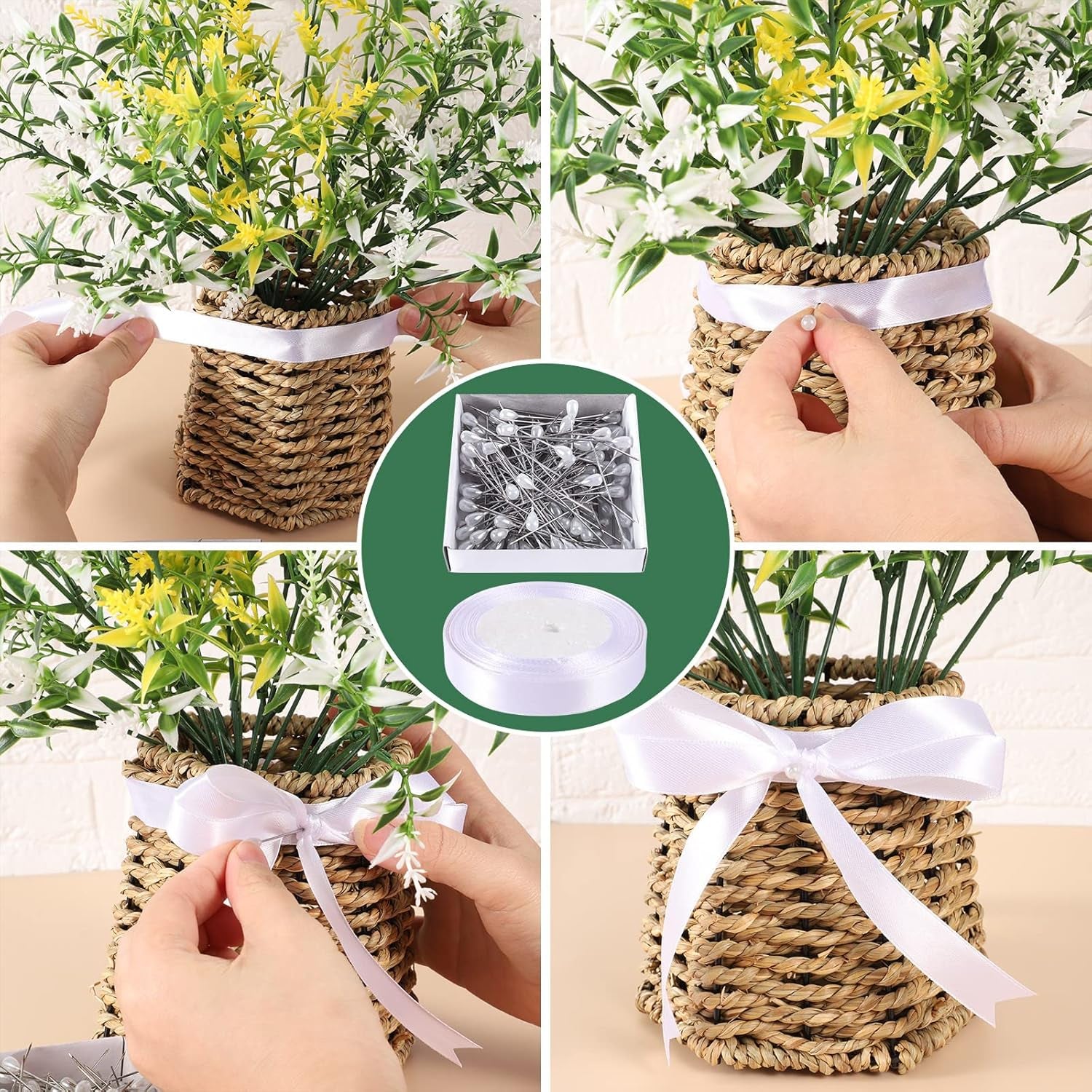 Floral Tape and Floral Wire Floral Arrangement Kit,Green Floral Tape and Boutonniere Pin White Ribbon Wire Cutter 22 Guage Floral Stem Wire for Wreath Making Supplies