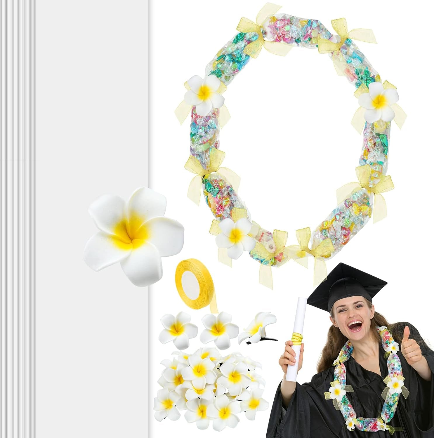 24 Set Graduation Candy Lei Making Kit Class of 2024 Hawaiian Lei Candy Lei Tubing Lei Bags Congrats Grad Lei Long Lei Ribbons Candy Dessert Filler for Party Graduate (Net Flower Style)