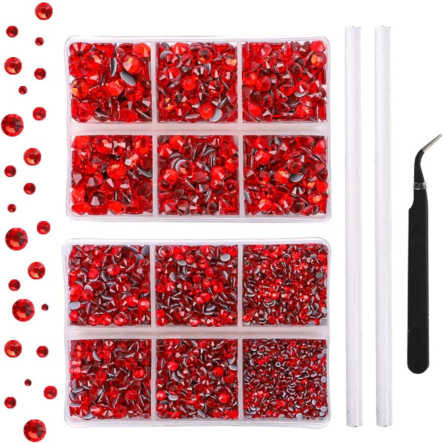 5040Pcs Red Flatback Rhinestones for Crafting, Crystal round Gems for Nail Art DIY Crafts Clothes Bags, 6 Mixed Size Hotfix Rhinestones with Tweezers and Picking Rhinestones Pen