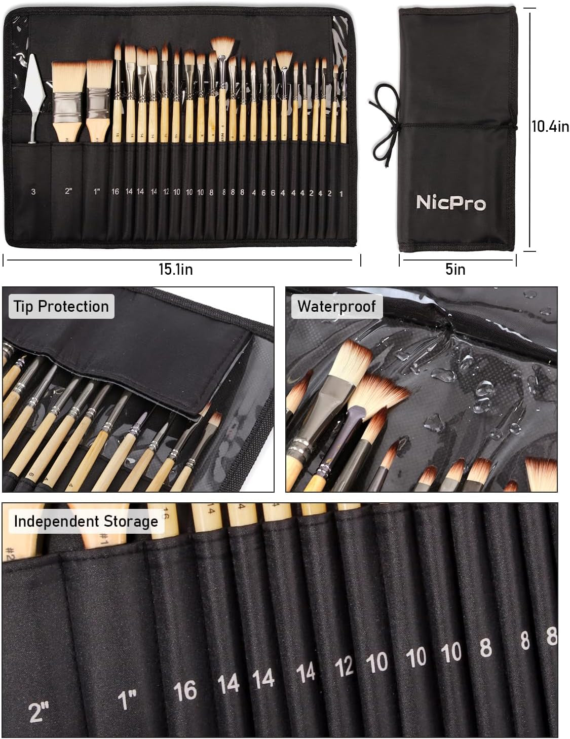 26Pcs Paint Brush Set, Professional Paintbrushes with Palette Knife and Cloth Roll, Artist Paint Brushes for Acrylic Painting, Oil, Watercolor & Gouache, Adults Kids Art Painting Tools Supplies