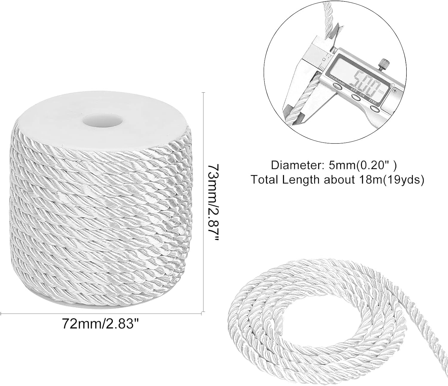 59 Feet Twine Cord Rope 5Mm Twist Cord 3 Braided Decorative Rope Cord Satin Silk Thread for Handfasting Home Decor Upholstery Curtain Tieback Honor Cord Graduation Cord White