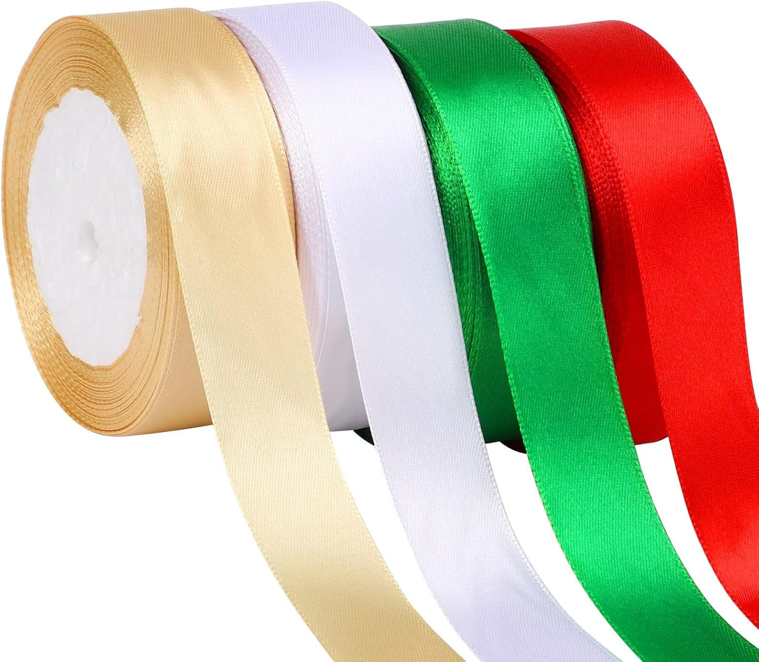 4 Rolls 100 Yards Christmas Ribbons 1Inch Wide Holiday Satin Ribbons Fabric for Gift Wrapping and DIY Craft, Red &amp; Green &amp; Gold &amp;White